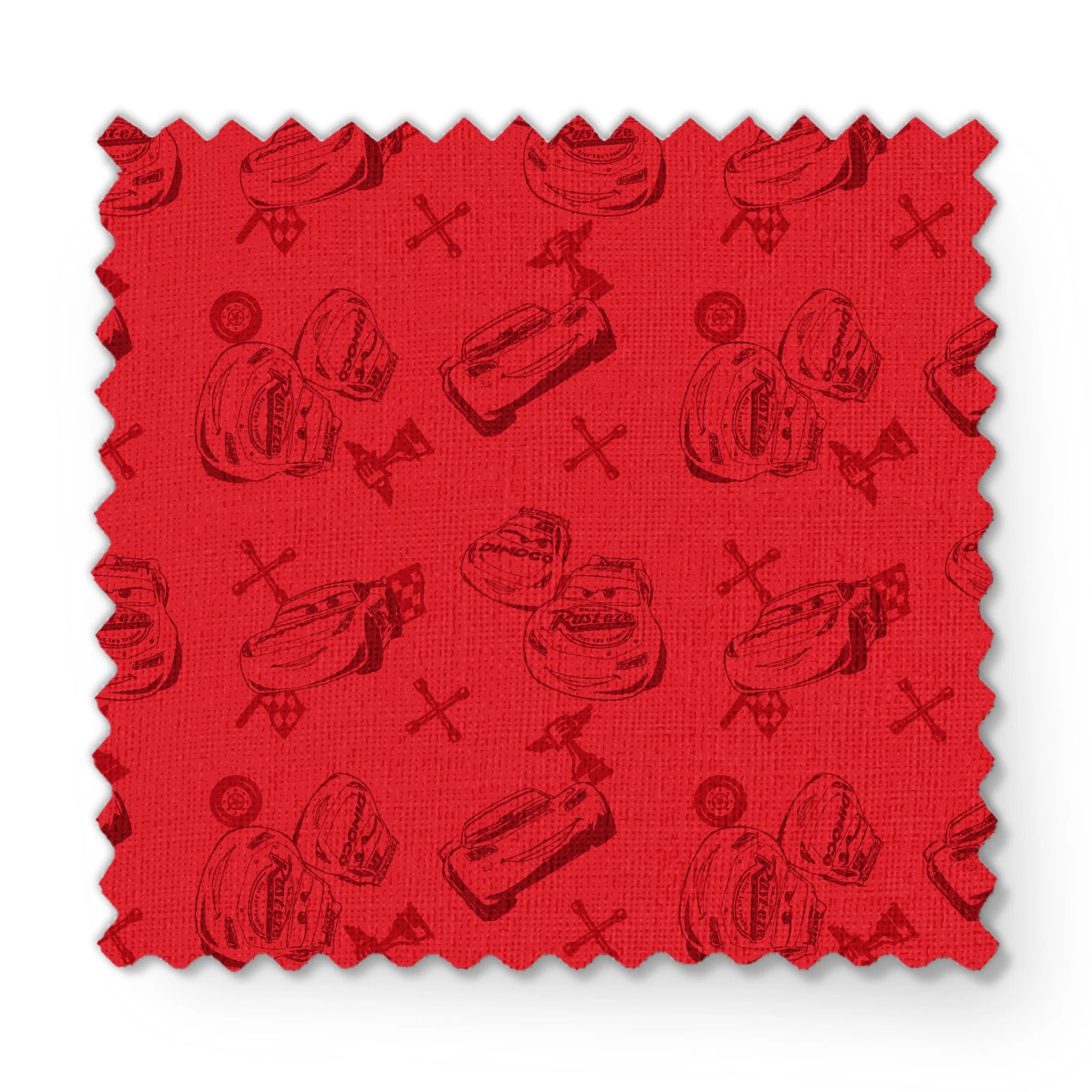 Red background with hand-drawn cartoon cars, tires, and tools in a repeating pattern fabric swatch mockup