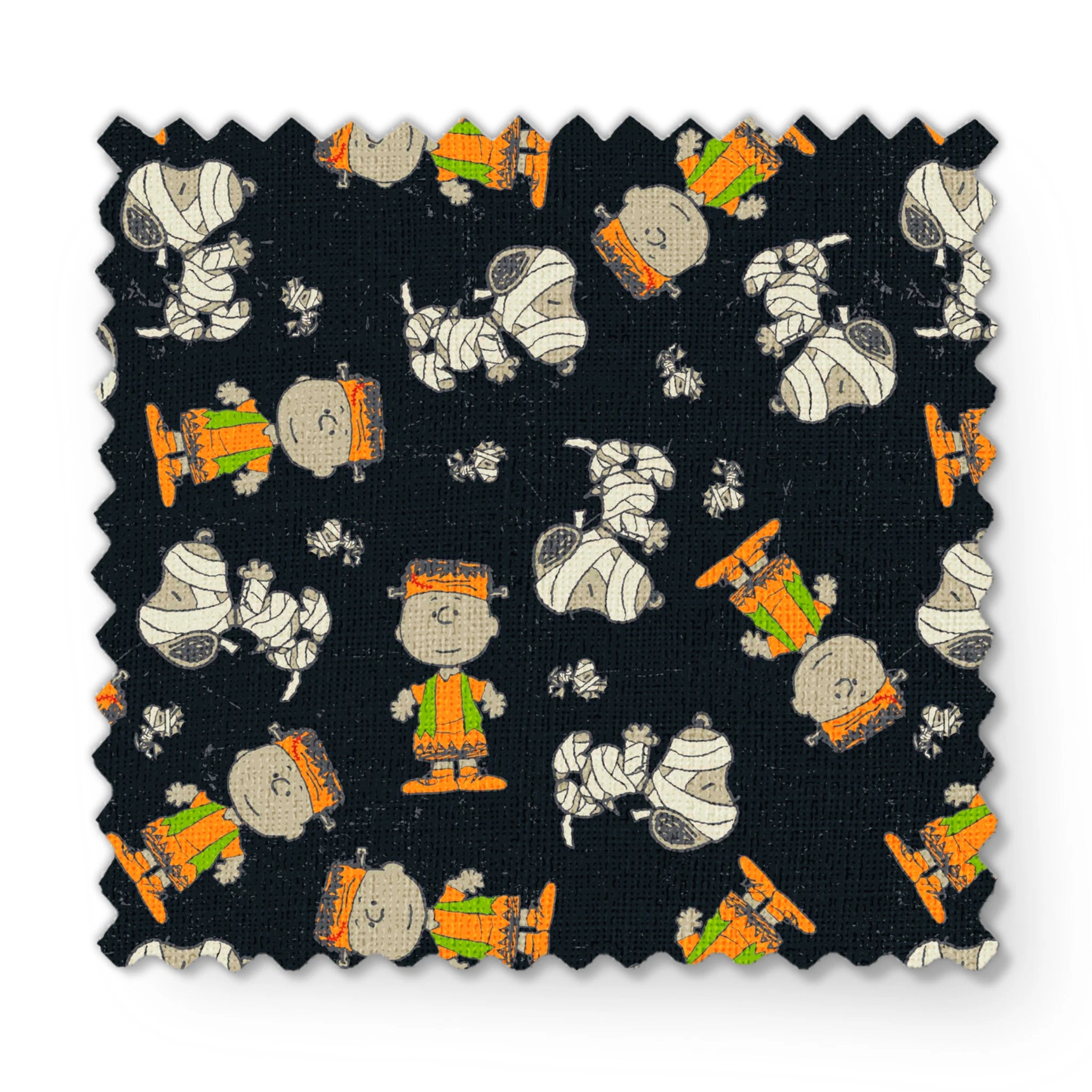 Peanuts characters pattern on black background featuring Snoopy and Charlie Brown in fall outfits fabric swatch mockup