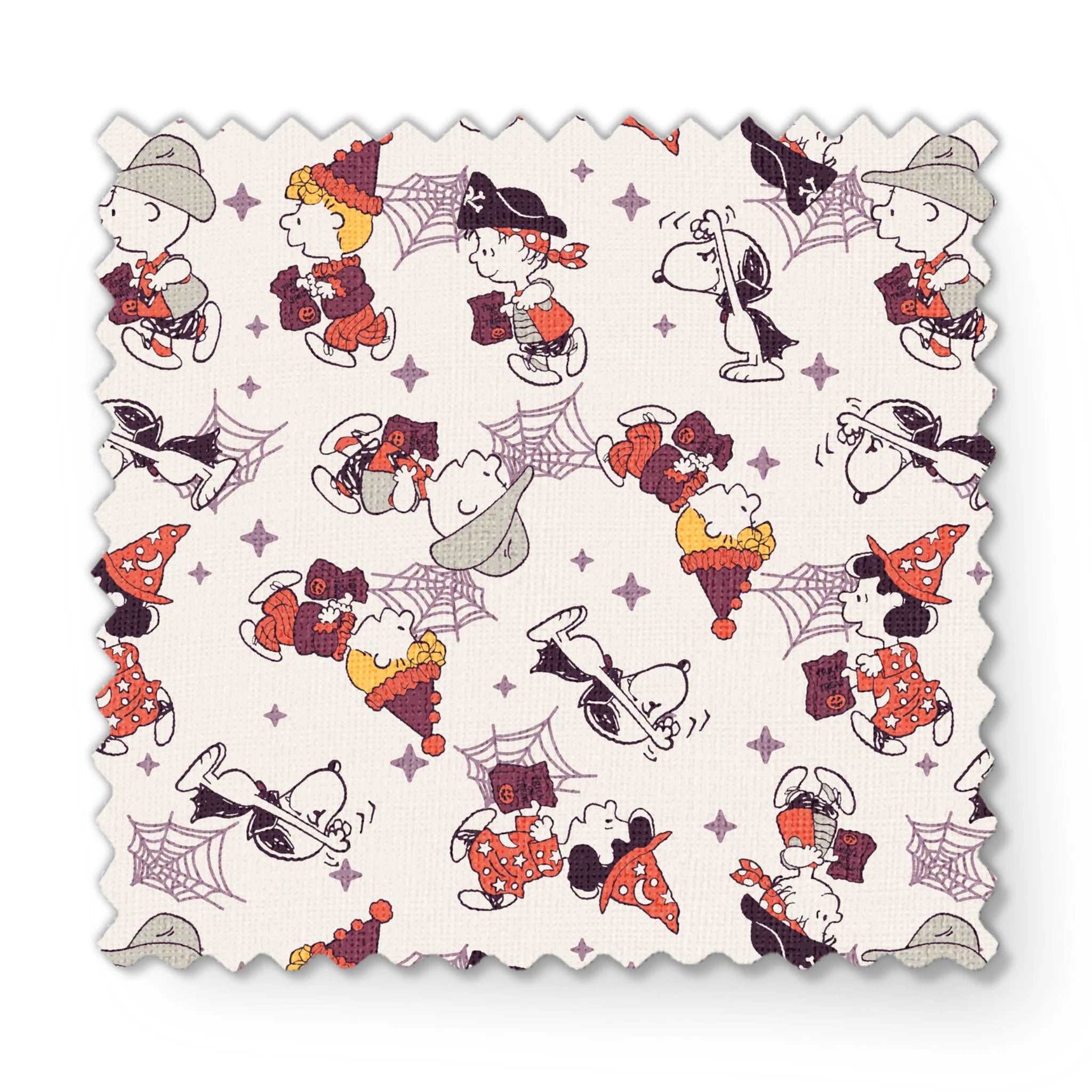 Peanuts characters in Halloween costumes including Snoopy, Charlie Brown, and friends on white background fabric swatch mockup