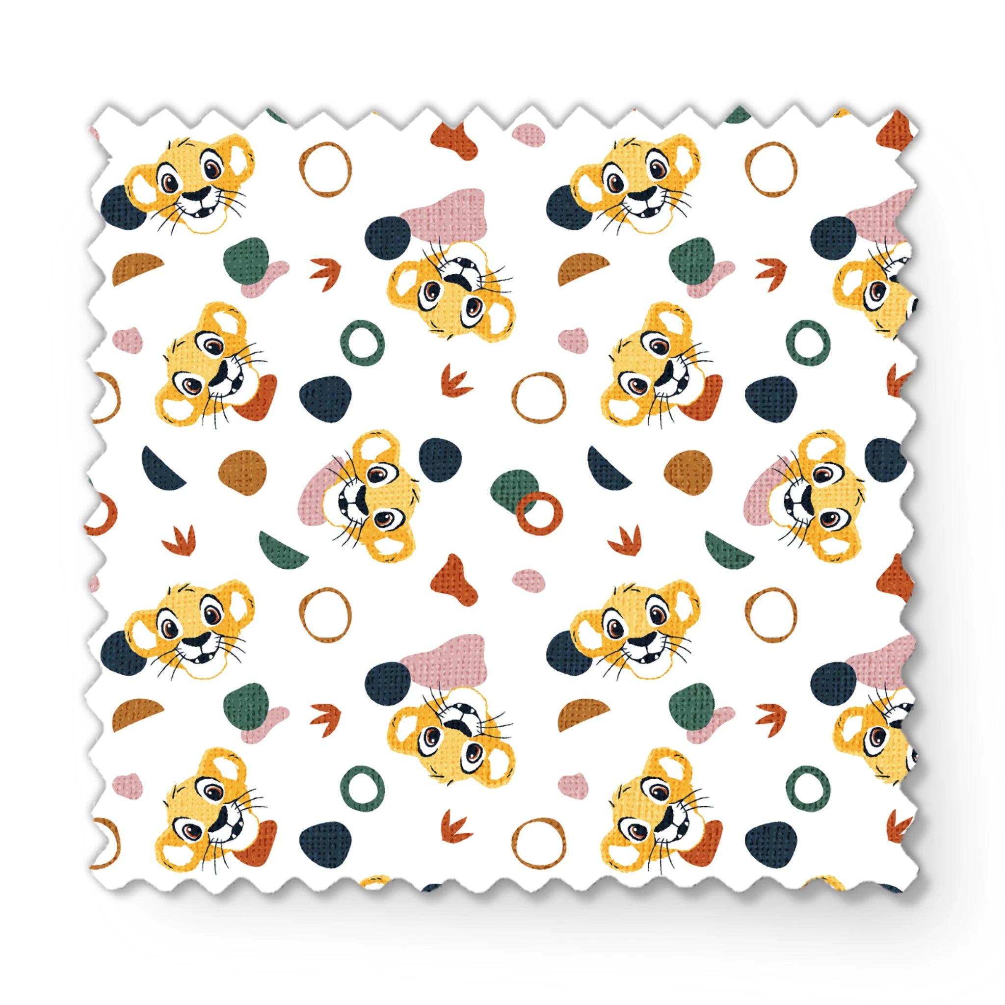 Cute Lion King characters with colorful abstract shapes in pink, teal, brown, and navy on white fabric swatch mockup