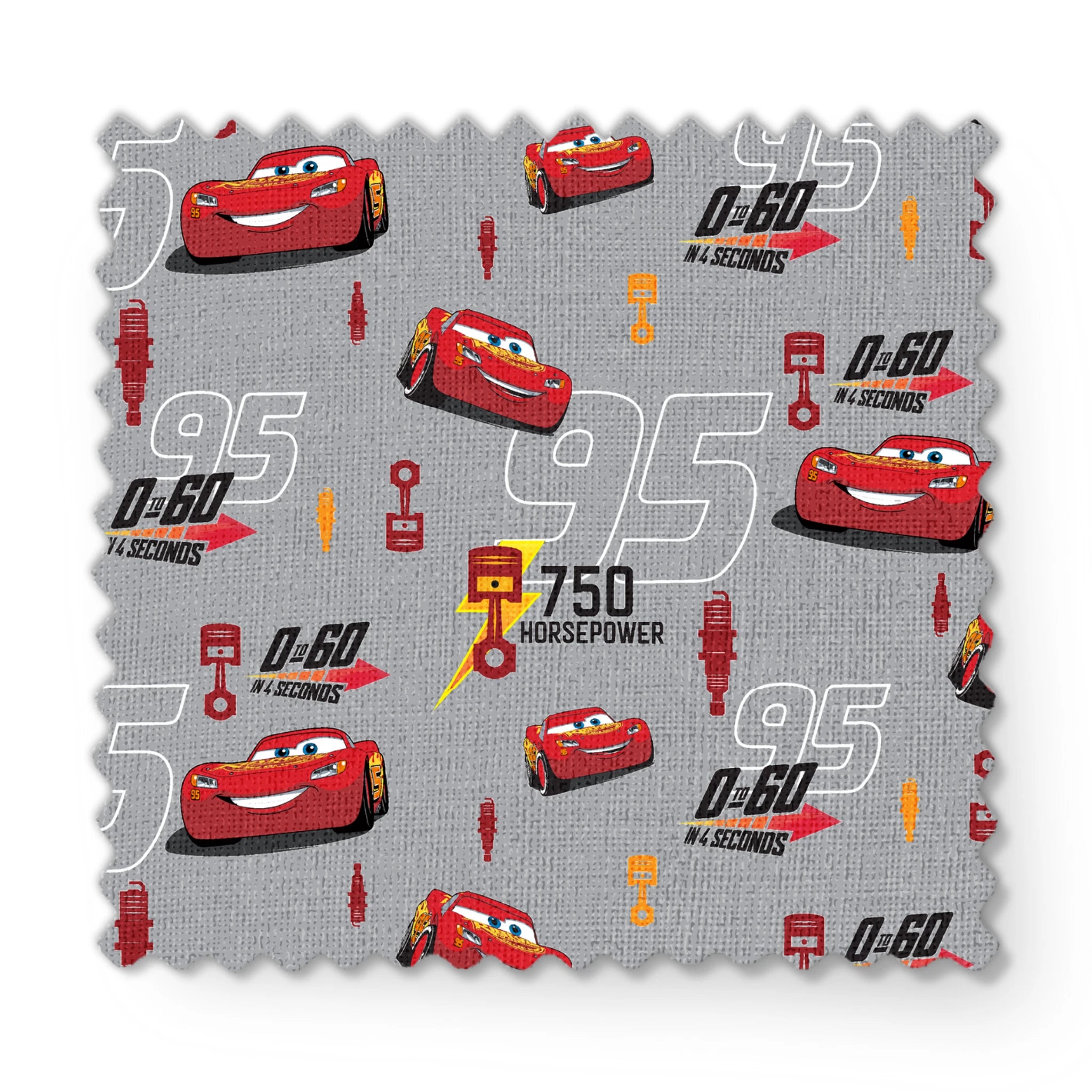 Red race cars with number 95 on gray background with racing graphics and "750 horsepower" text fabric swatch mockup