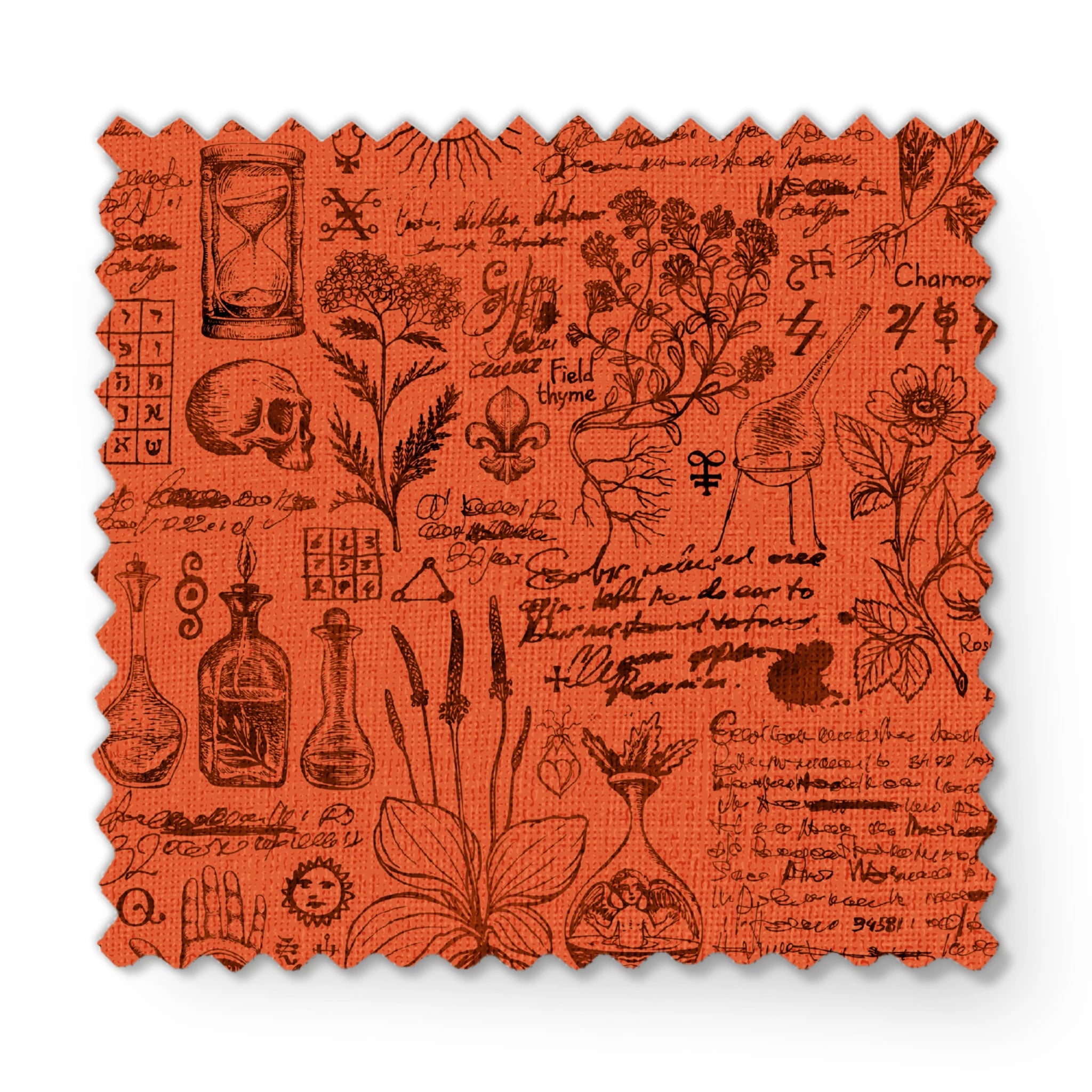 Red-orange Halloween background with vintage alchemical drawings, botanical sketches, symbols, handwritten notes, and mystical elements arranged like an ancient manuscript page. fabric swatch mockup