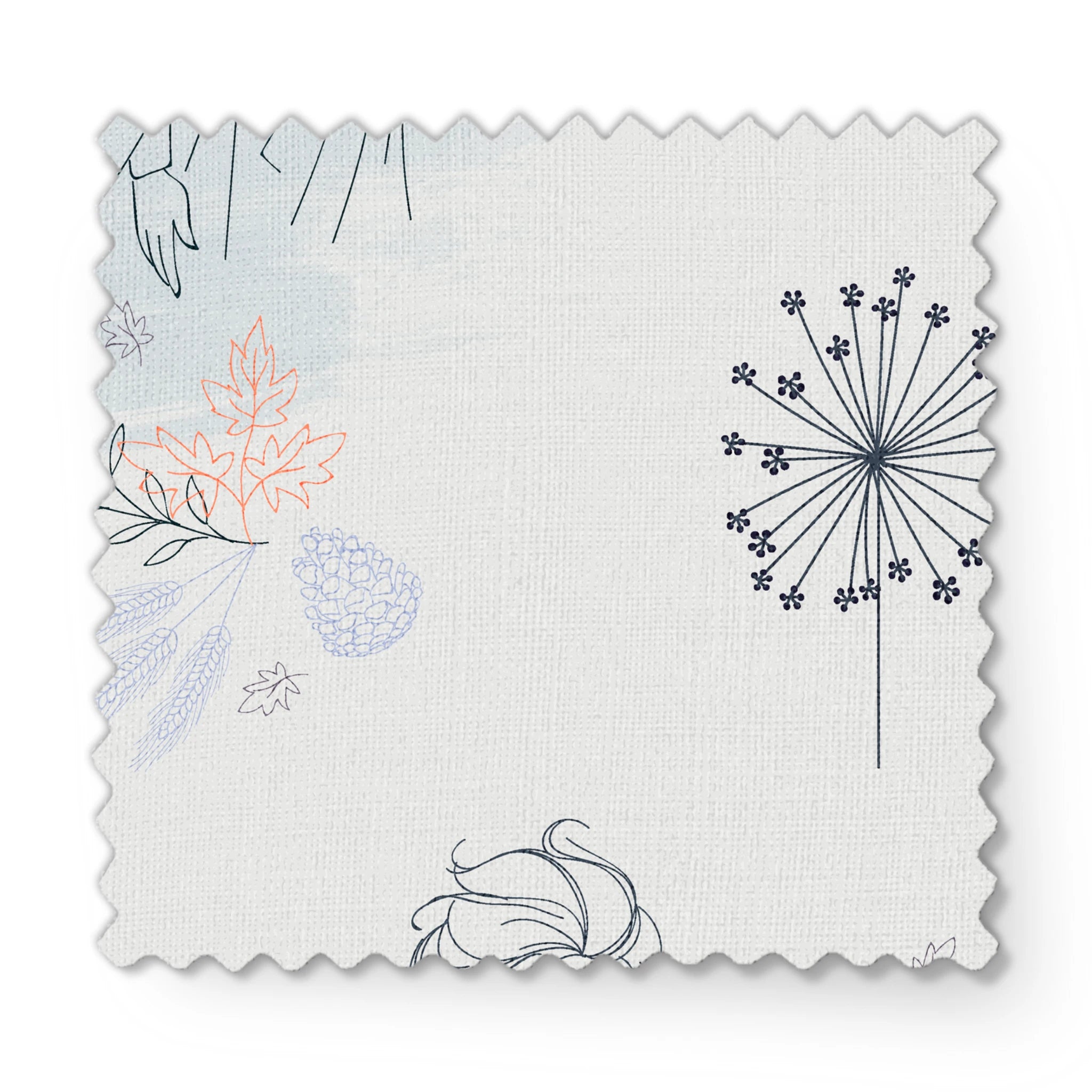 Delicate blue pattern featuring Frozen's Elsa and Anna surrounded by floral elements and dandelions on a light background fabric swatch mockup