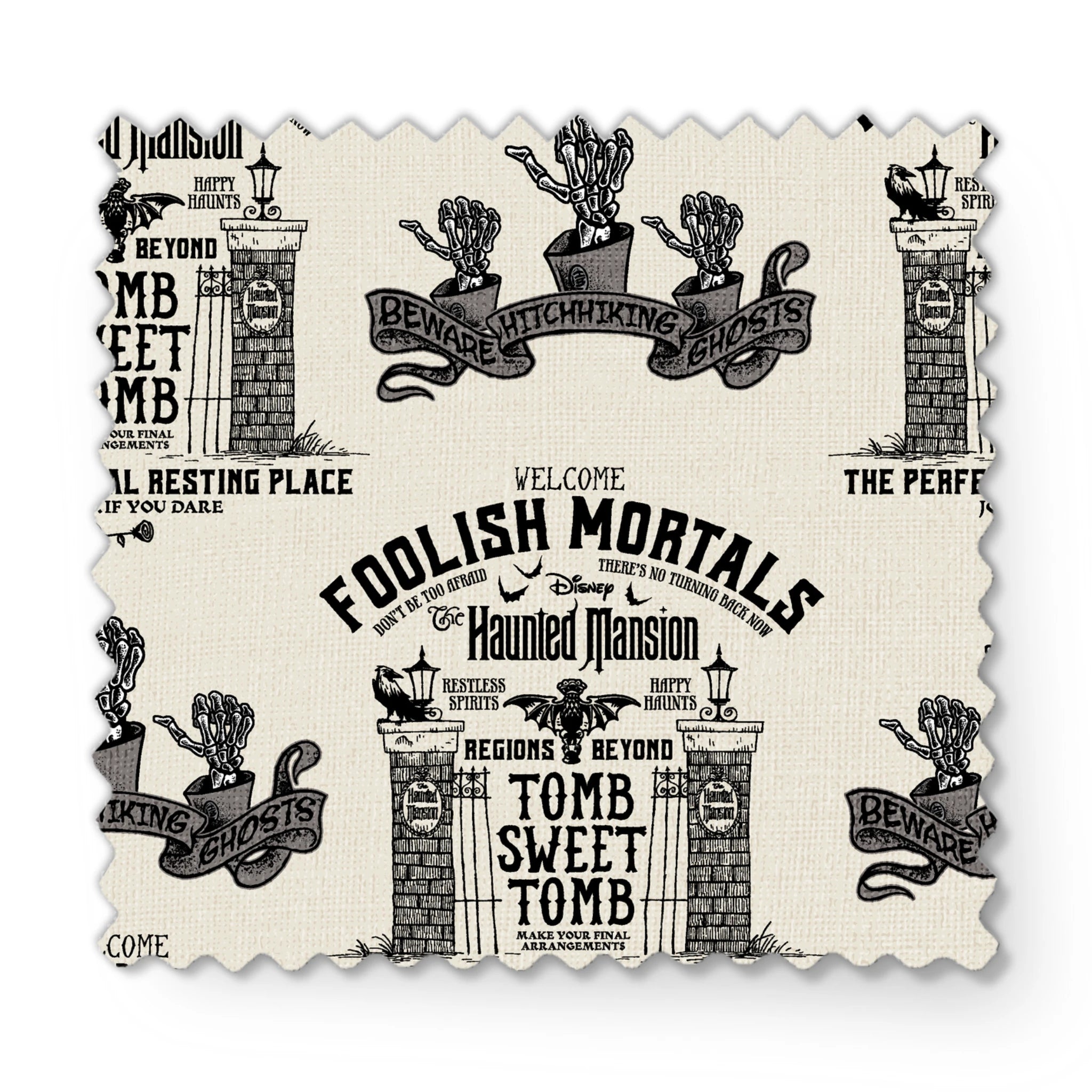 Repeating pattern of "Foolish Mortals" Haunted Mansion signage with ornate tomb designs in vintage black and cream style fabric swatch mockup