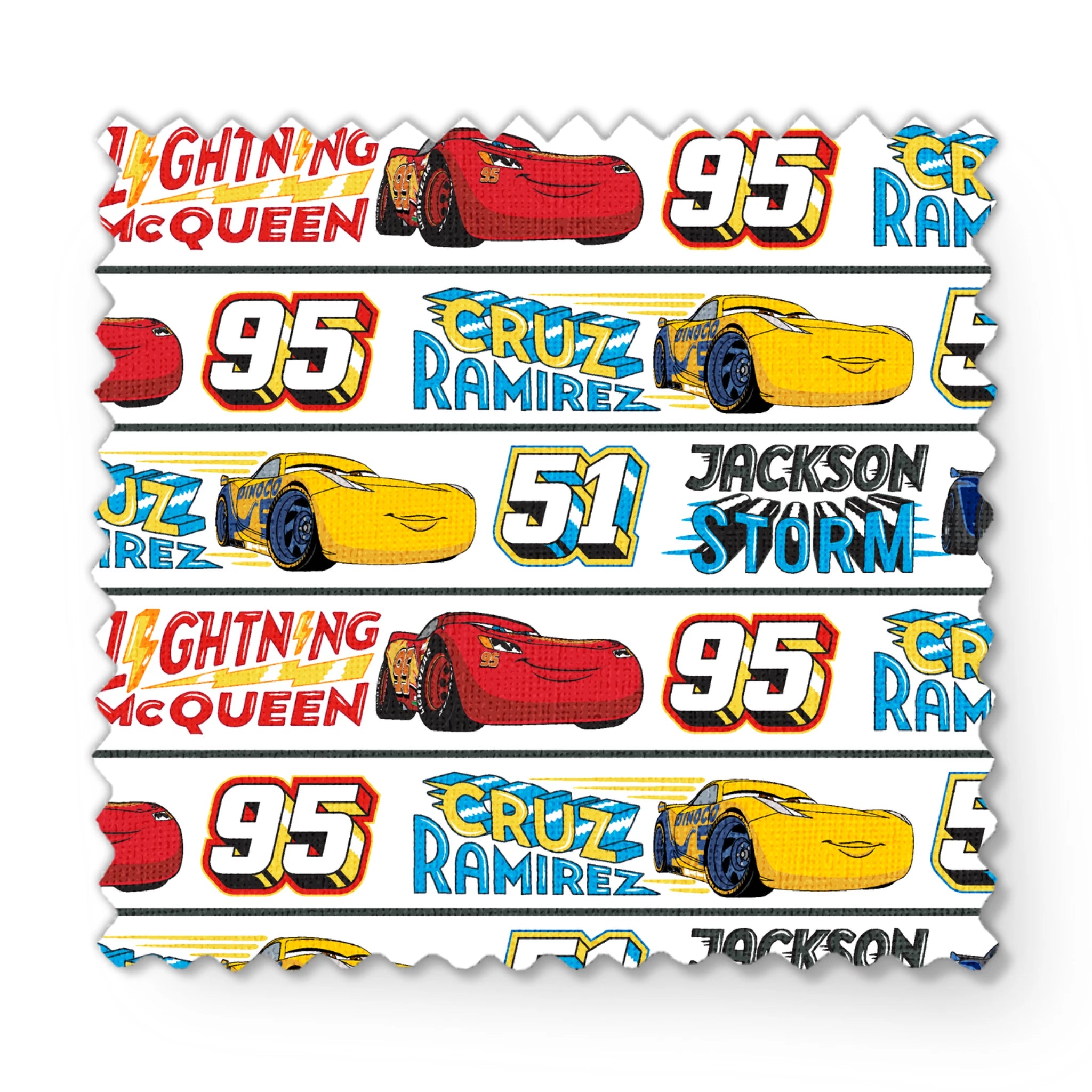 Disney Cars character ribbon with Lightning McQueen 95, Cruz Ramirez 51, and Jackson Storm 20 repeated pattern fabric swatch mockup
