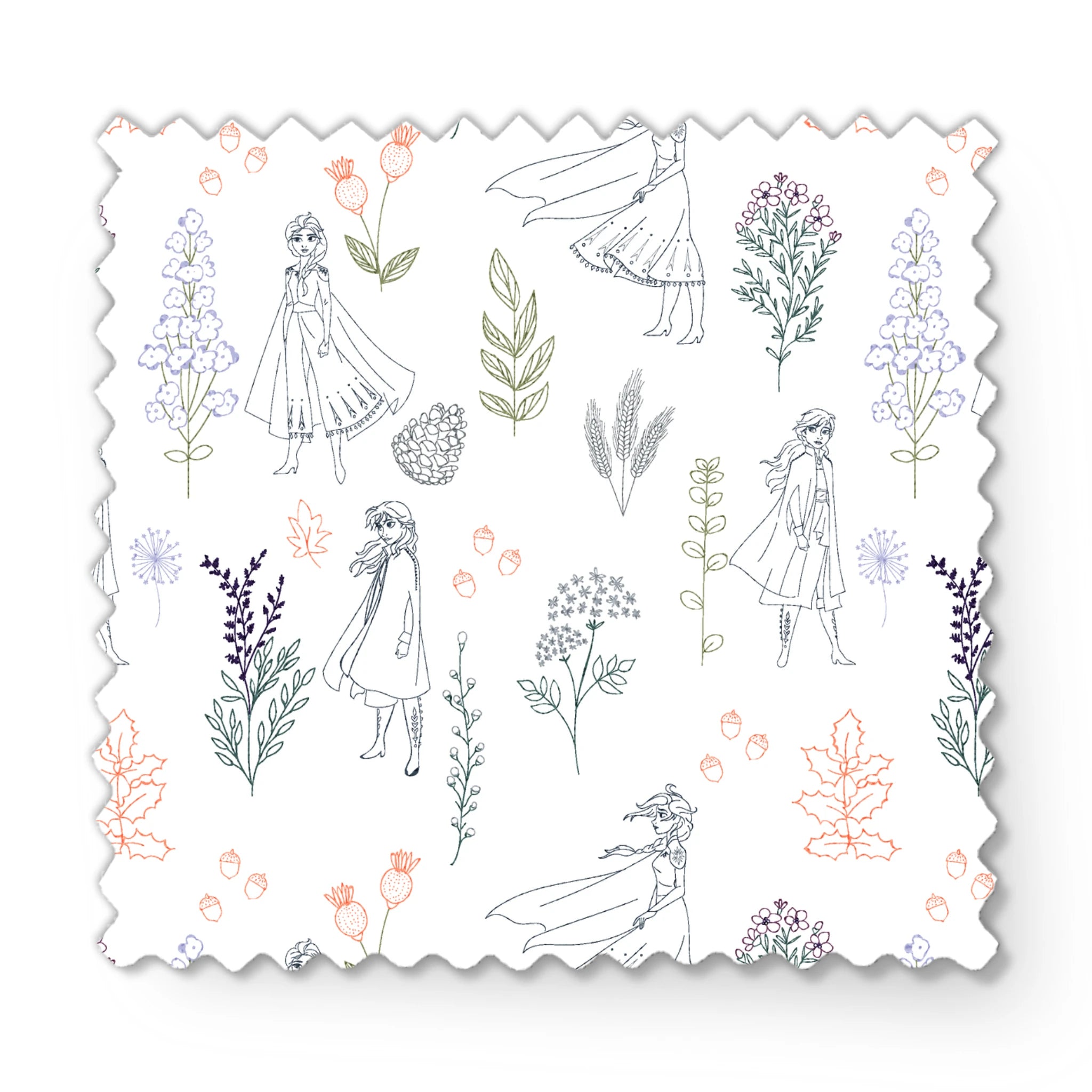Delicate line drawing pattern of Elsa and Anna among botanical illustrations and flowers in soft colors fabric swatch mockup