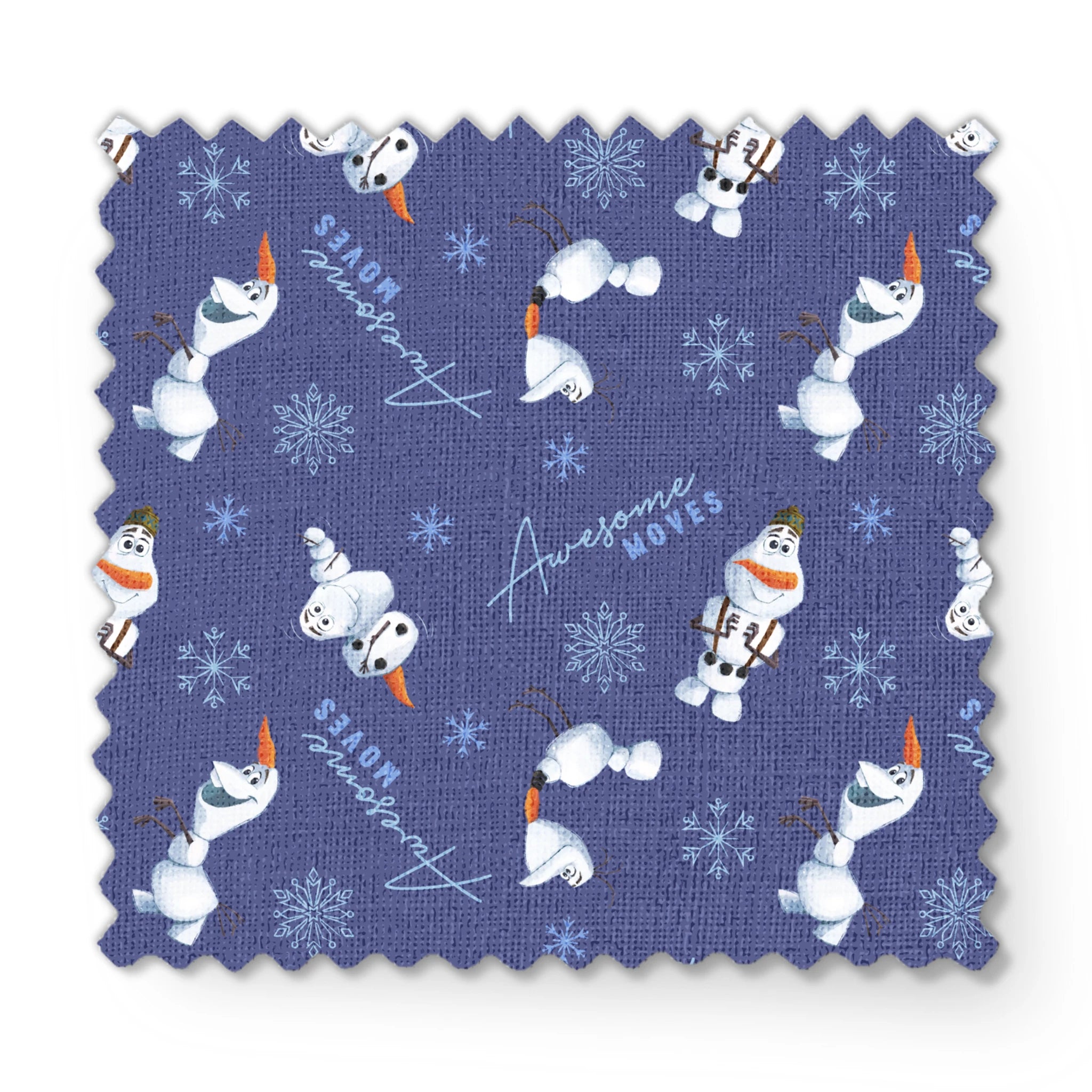 Playful Olaf the snowman pattern with snowflakes on purple background showing various poses fabric swatch mockup