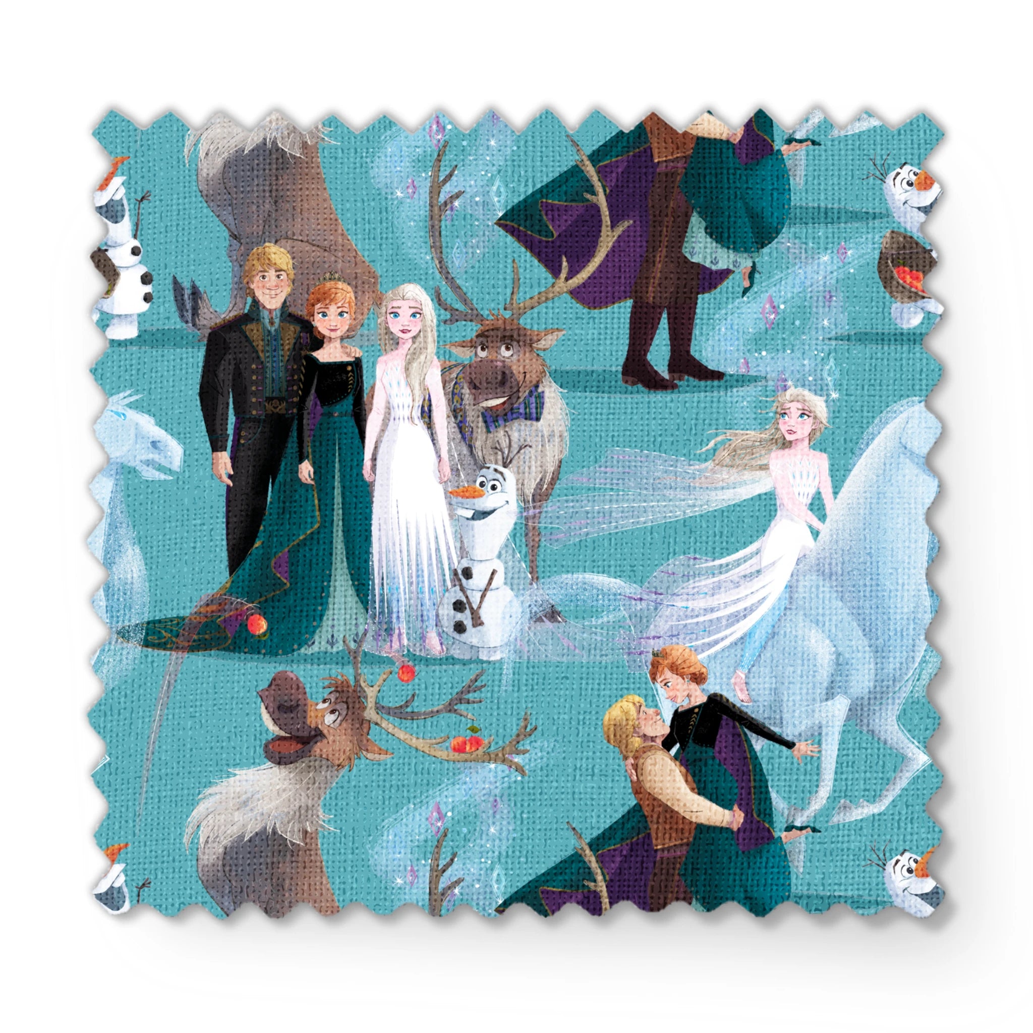 Characters from Frozen movie including Elsa, Olaf, Sven and others on turquoise background fabric swatch mockup