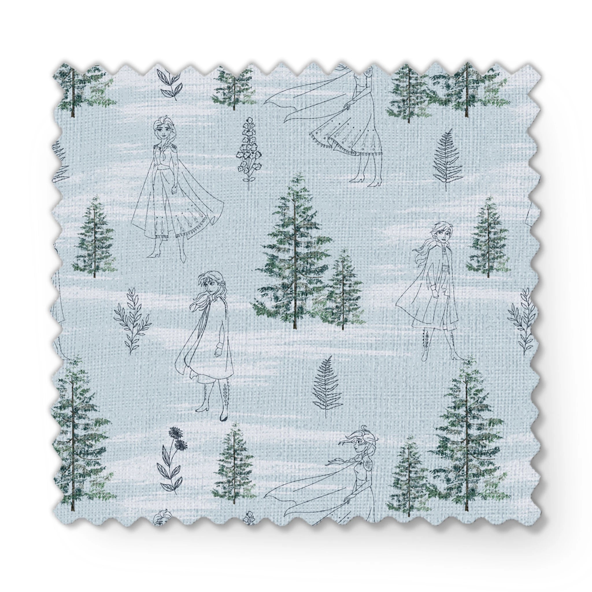 Pale blue pattern with delicate line drawings of pine trees, Elsa, and Anna across a wintry landscape fabric swatch mockup