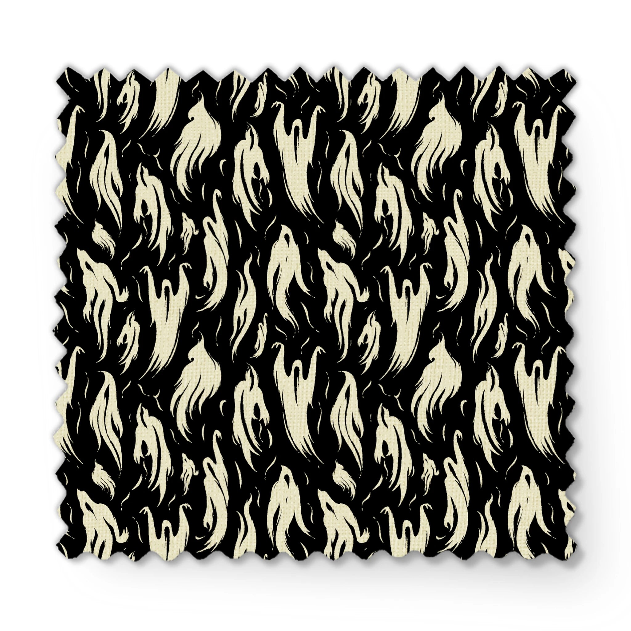 Abstract ghost-like shapes in pale cream swirling against a black background in a repeating pattern fabric swatch mockup