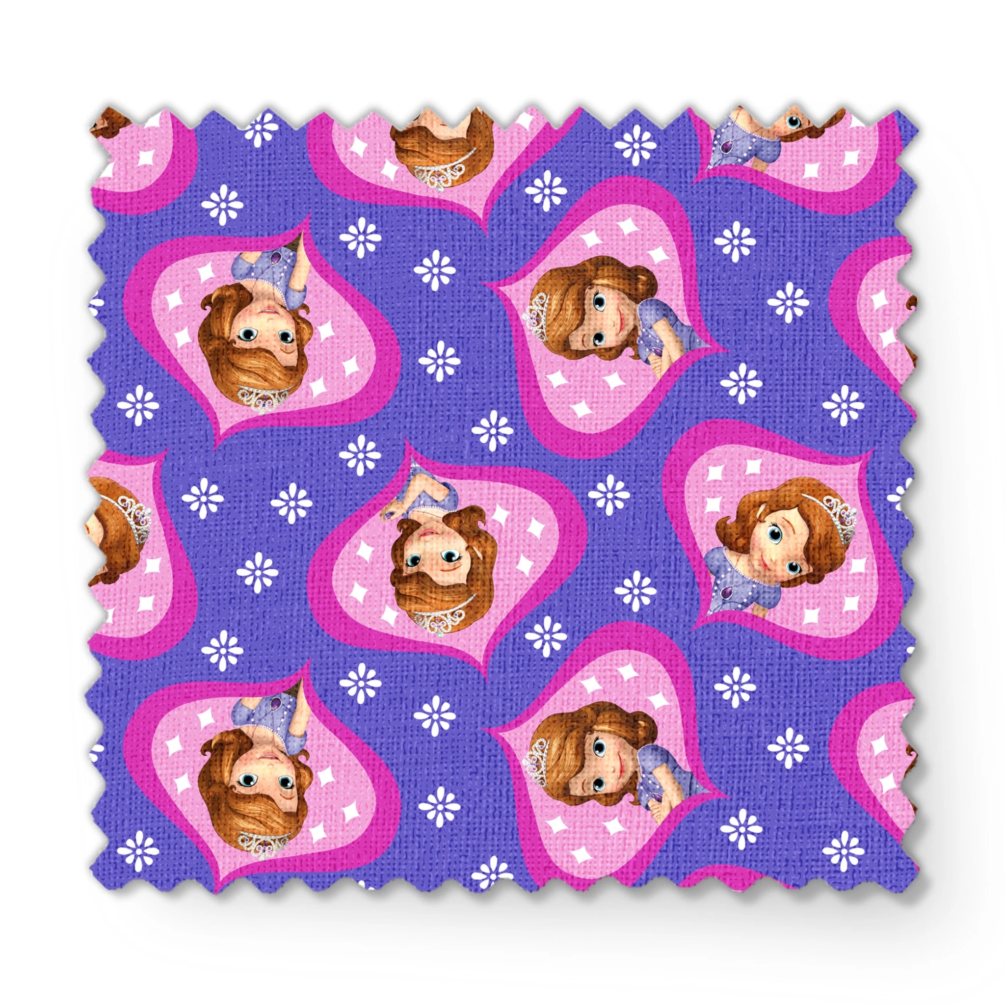 Sofia the First in pink frames pattern with white accents on purple background fabric swatch mockup