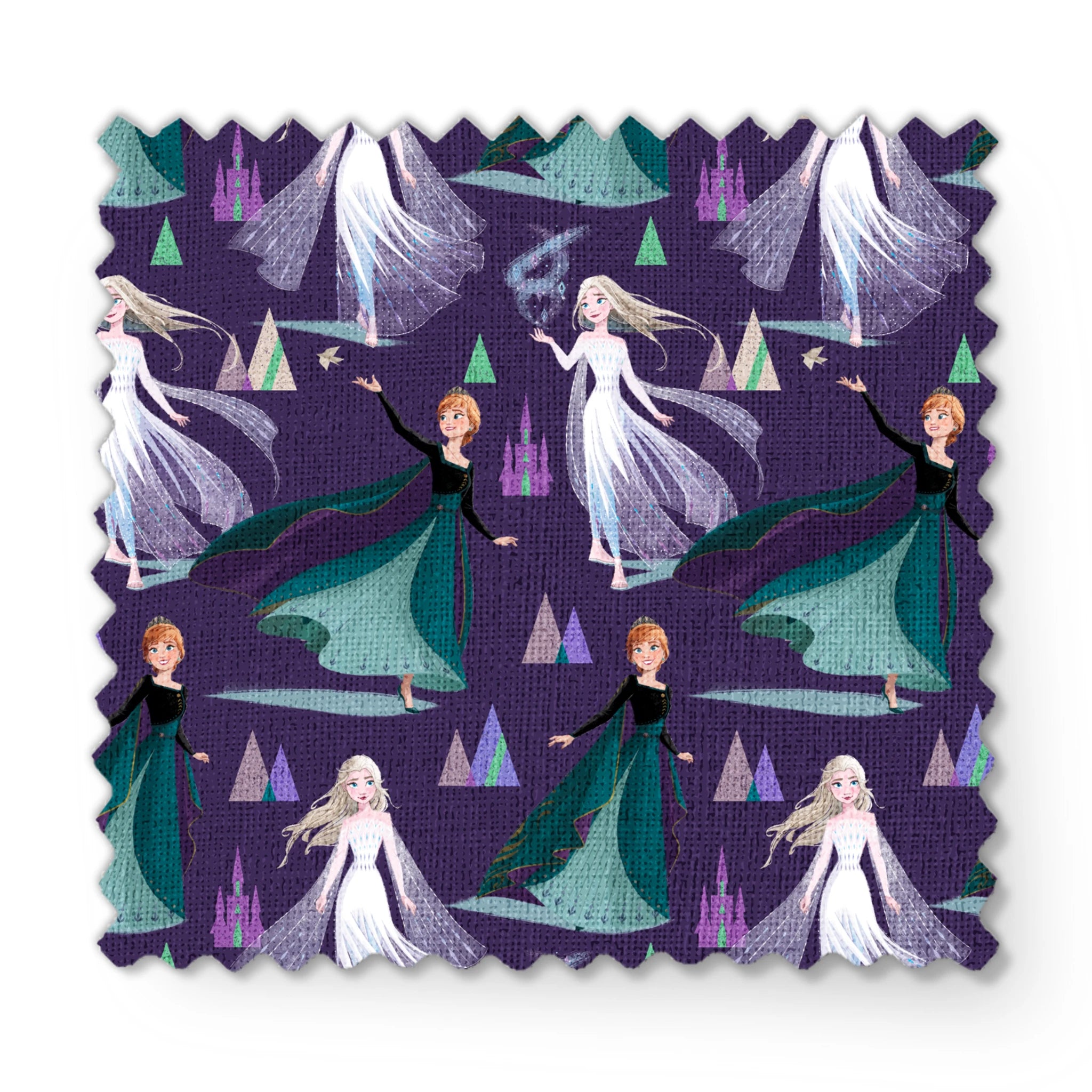 Frozen characters and ice castles on purple background, magical fantasy pattern fabric swatch mockup