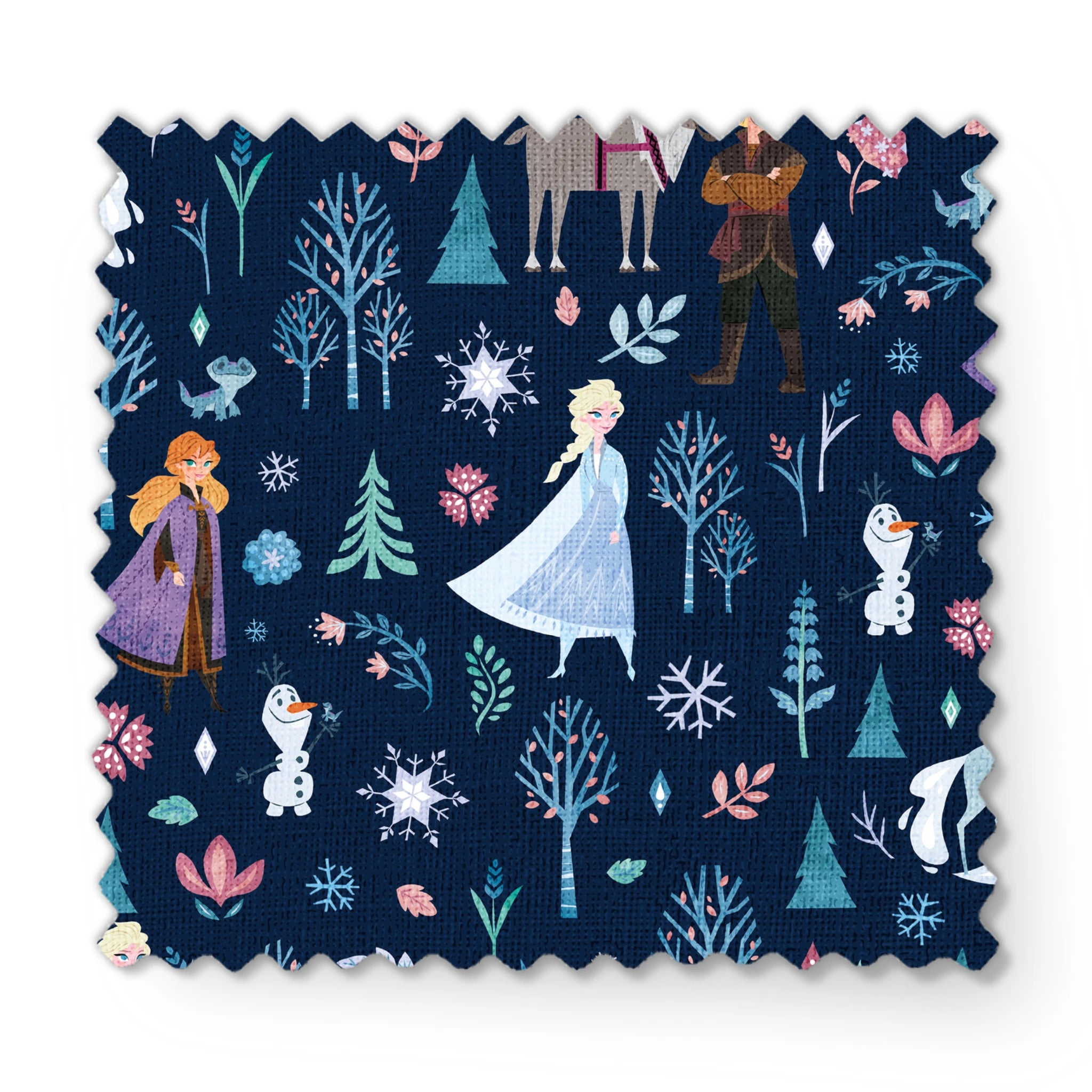 Illustrated Frozen pattern with Elsa, Anna, & friends, and floral elements on dark blue background fabric swatch mockup