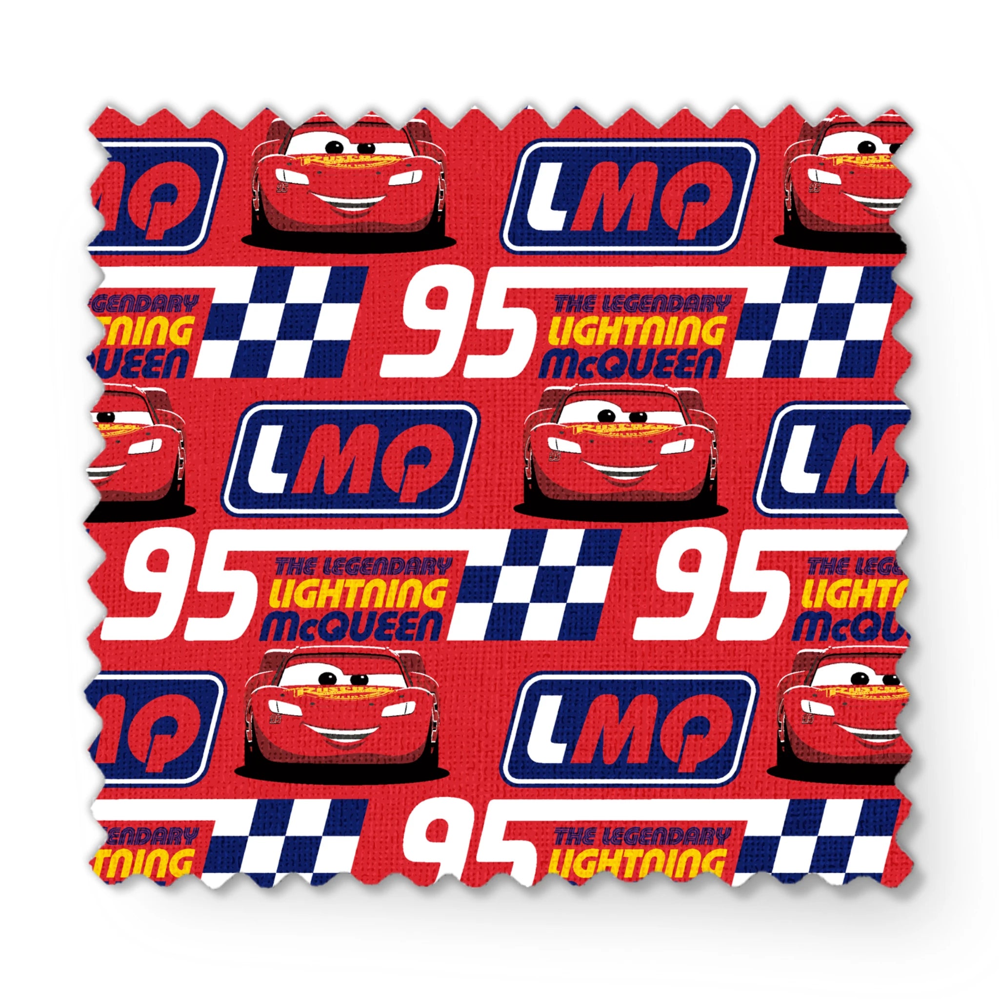 Colorful red racing pattern with "95" numbers, "Lightning" text, checkered flags, and blue "LMC" logos fabric swatch mockup