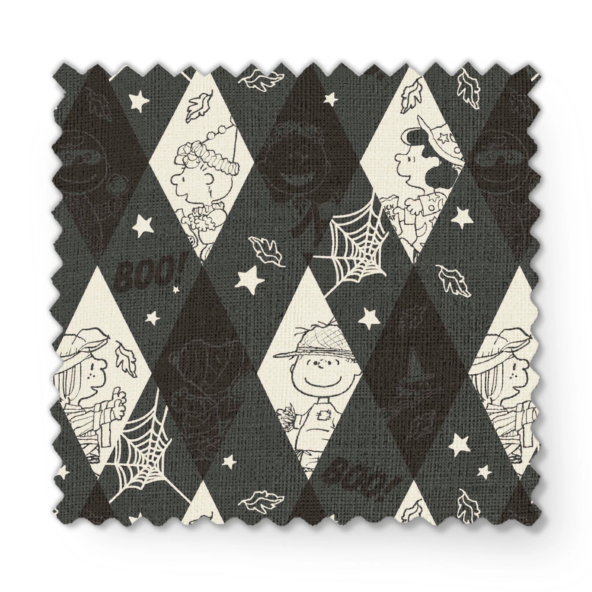 Diamond pattern with Peanuts characters and Halloween motifs in black and cream, featuring spider webs, stars, and "BOO!" text. fabric swatch mockup