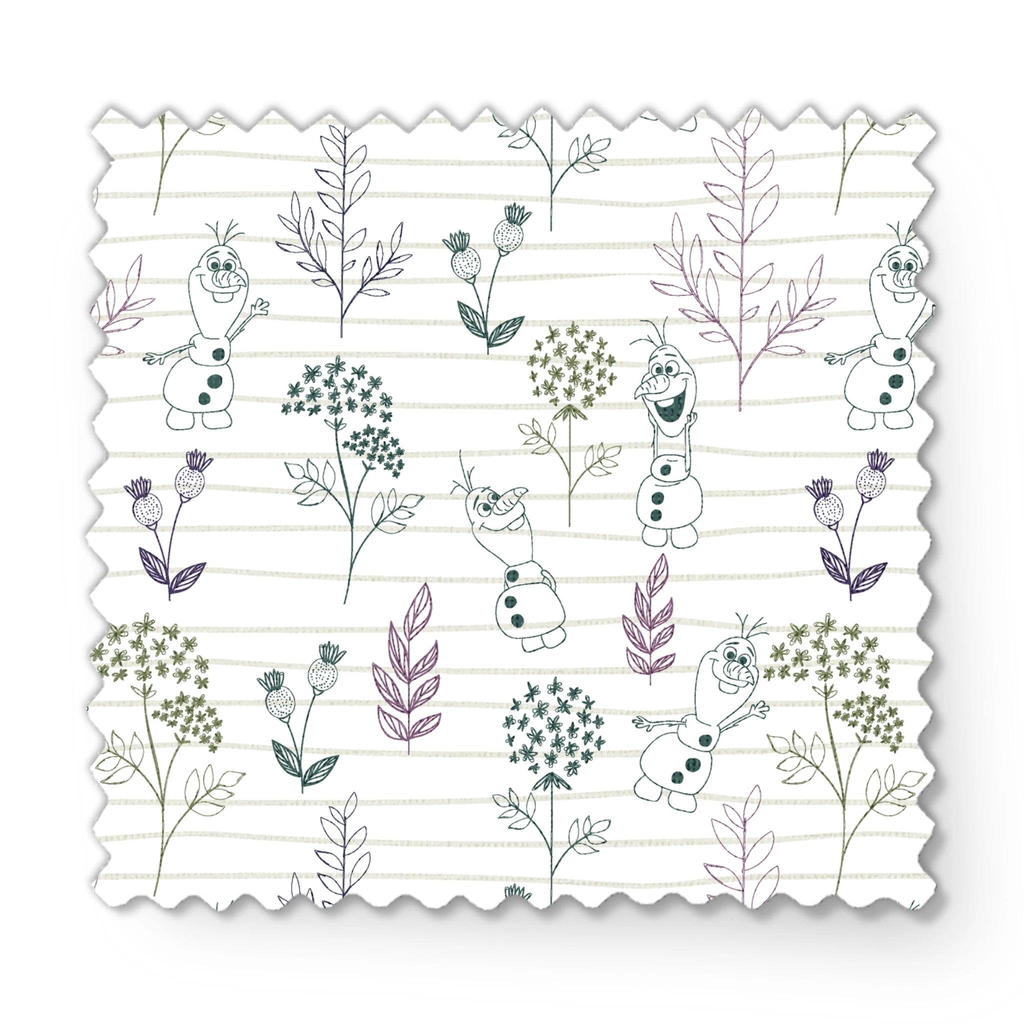 Pattern of sketched botanical elements, flowers, and Olaf on a lined background in soft greens and purples fabric swatch mockup
