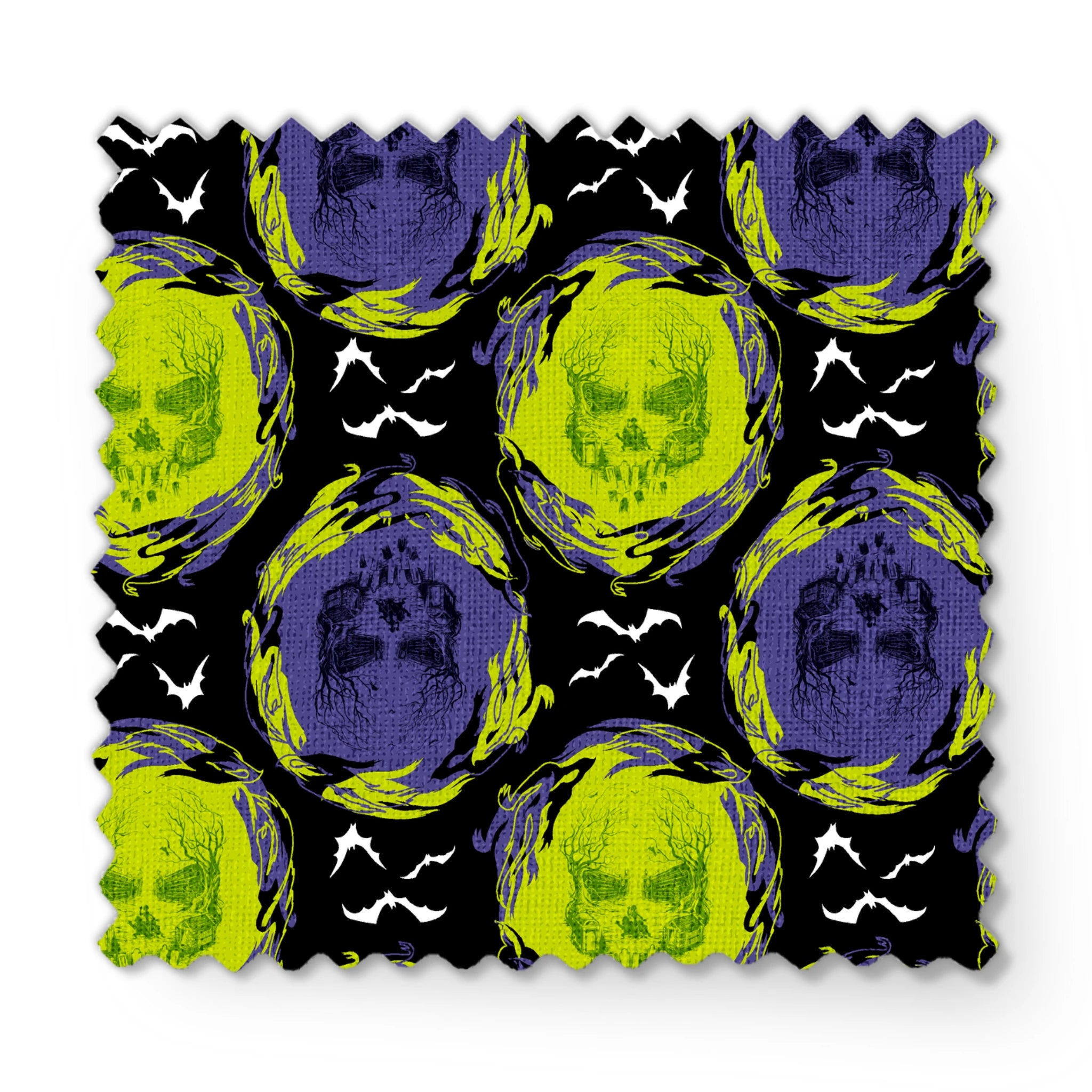 Repeating pattern of neon green and purple skulls with swirling effects on black background with white bats fabric swatch mockup