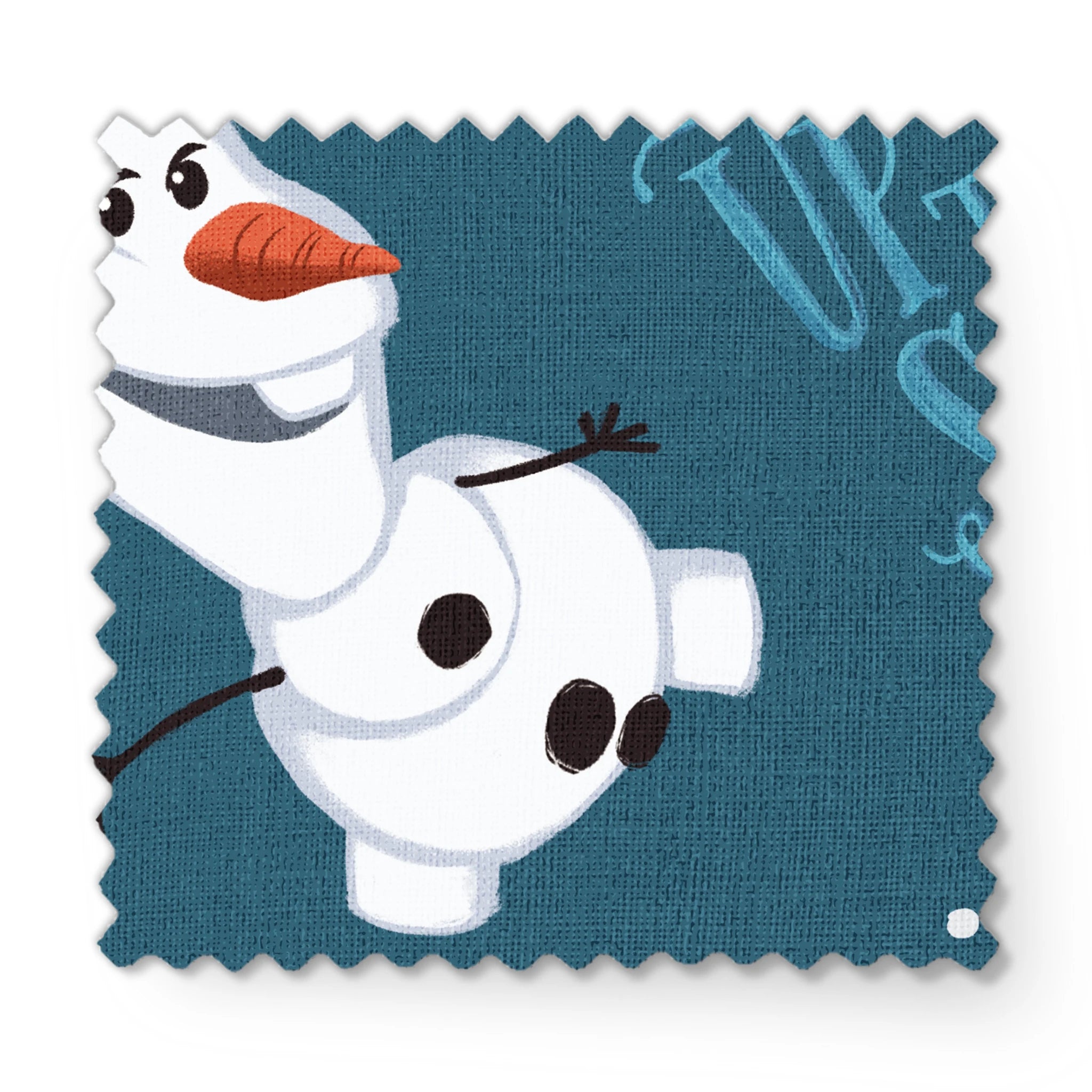Playful Olaf pattern with "Let It Snow" text on teal background with snowflakes fabric swatch mockup