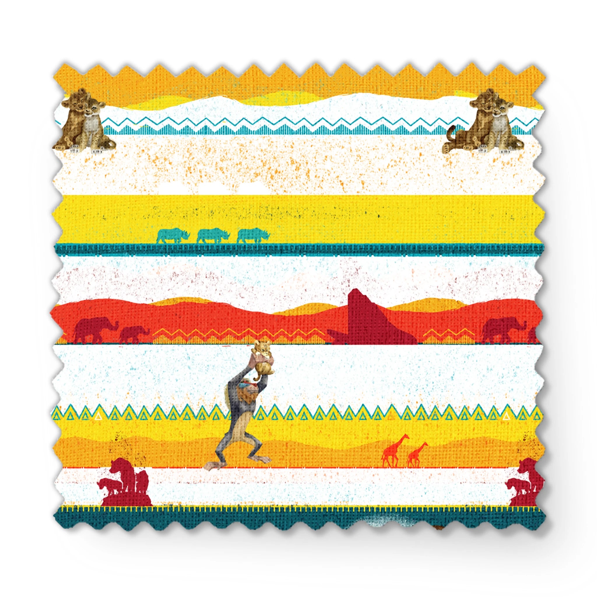 Colorful horizontal striped pattern featuring wildlife silhouettes including lion, elephant, and animals in savanna landscapes. fabric swatch mockup