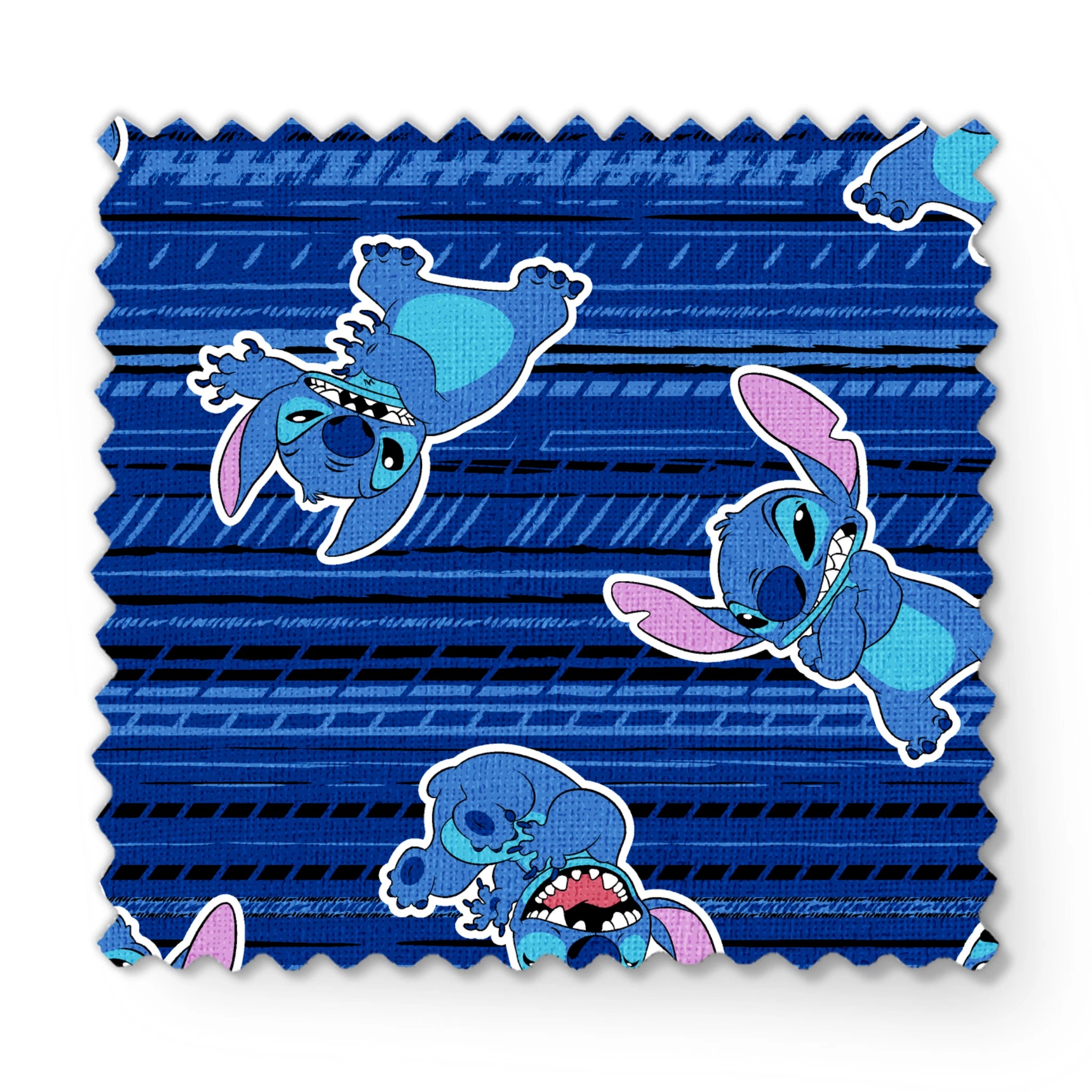 Blue background with Disney Stitch characters in various playful poses, featuring blue fur and pink ears fabric swatch mockup