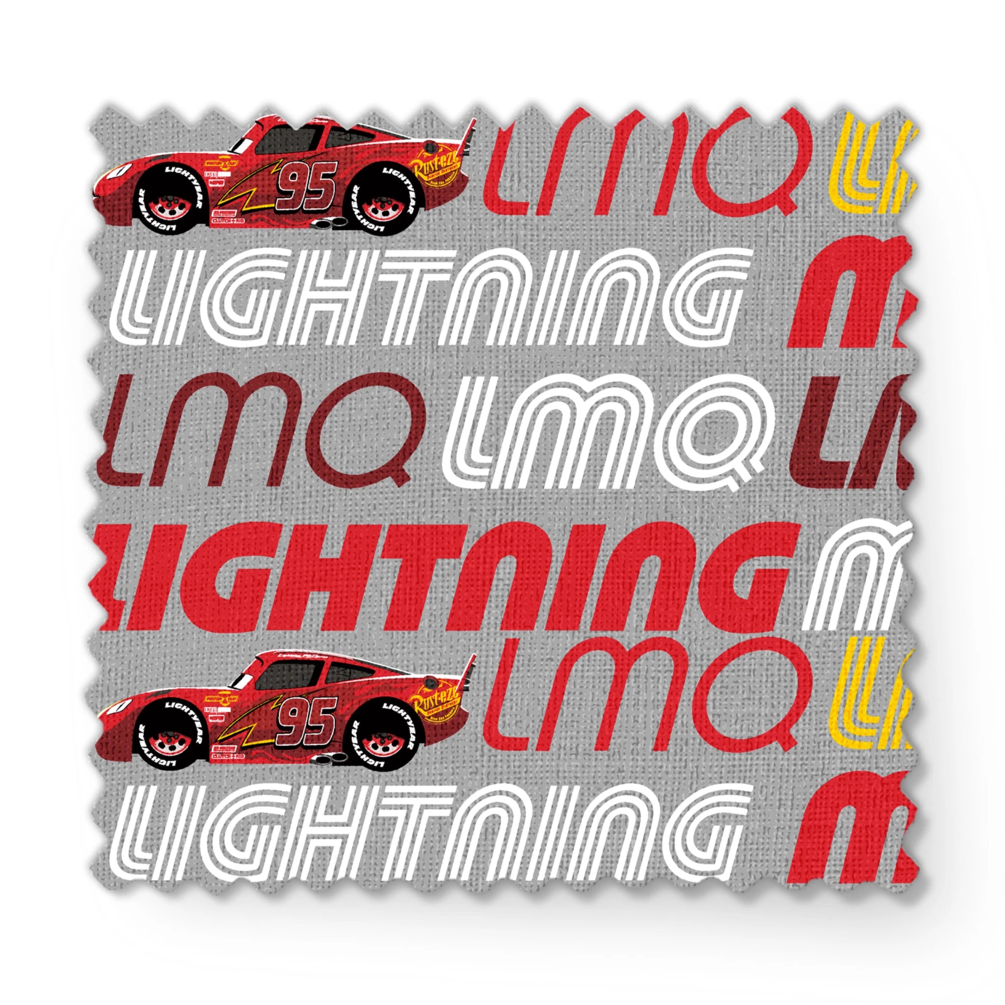Lightning McQueen race car graphic with repeating LMQ text in red, yellow, and white on gray background fabric swatch mockup