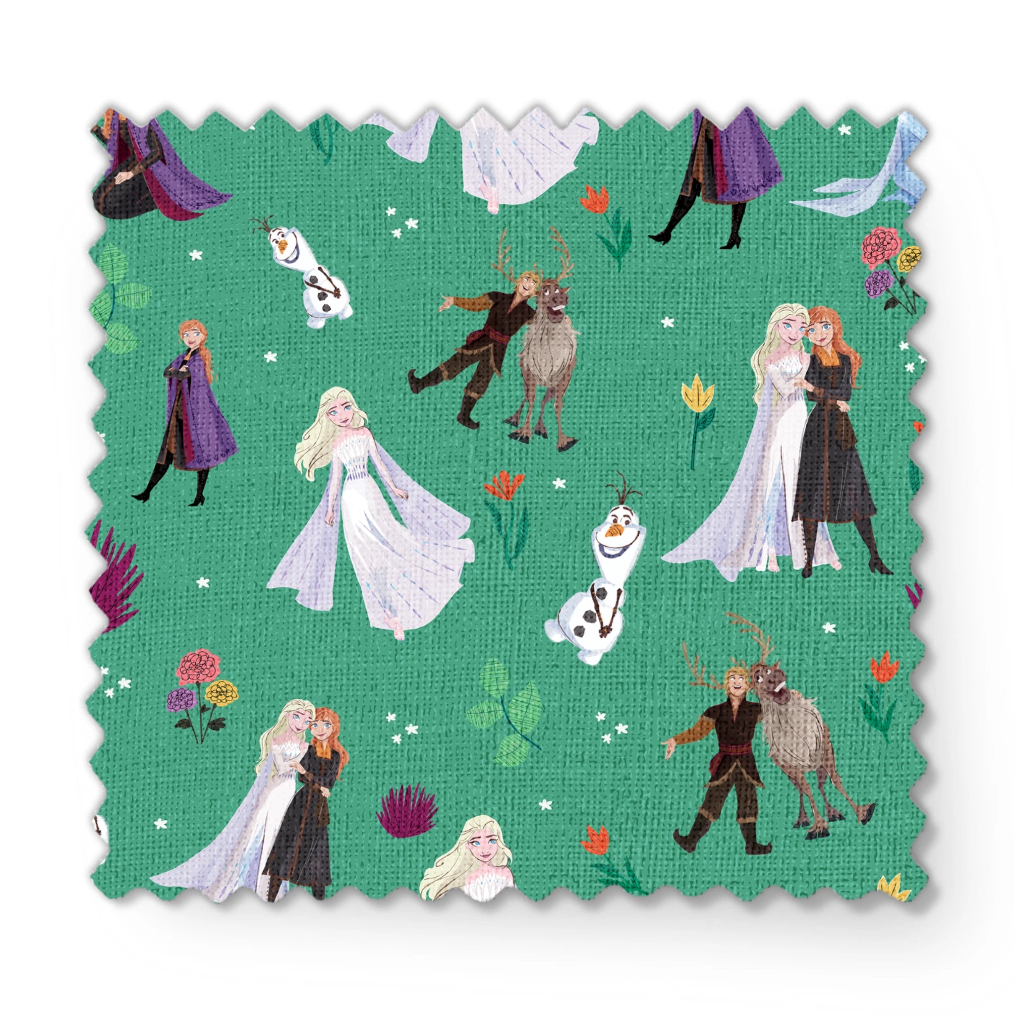 Pattern of animated characters from Frozen including Olaf the snowman, characters in formal attire, and colorful flowers on a green background. fabric swatch mockup