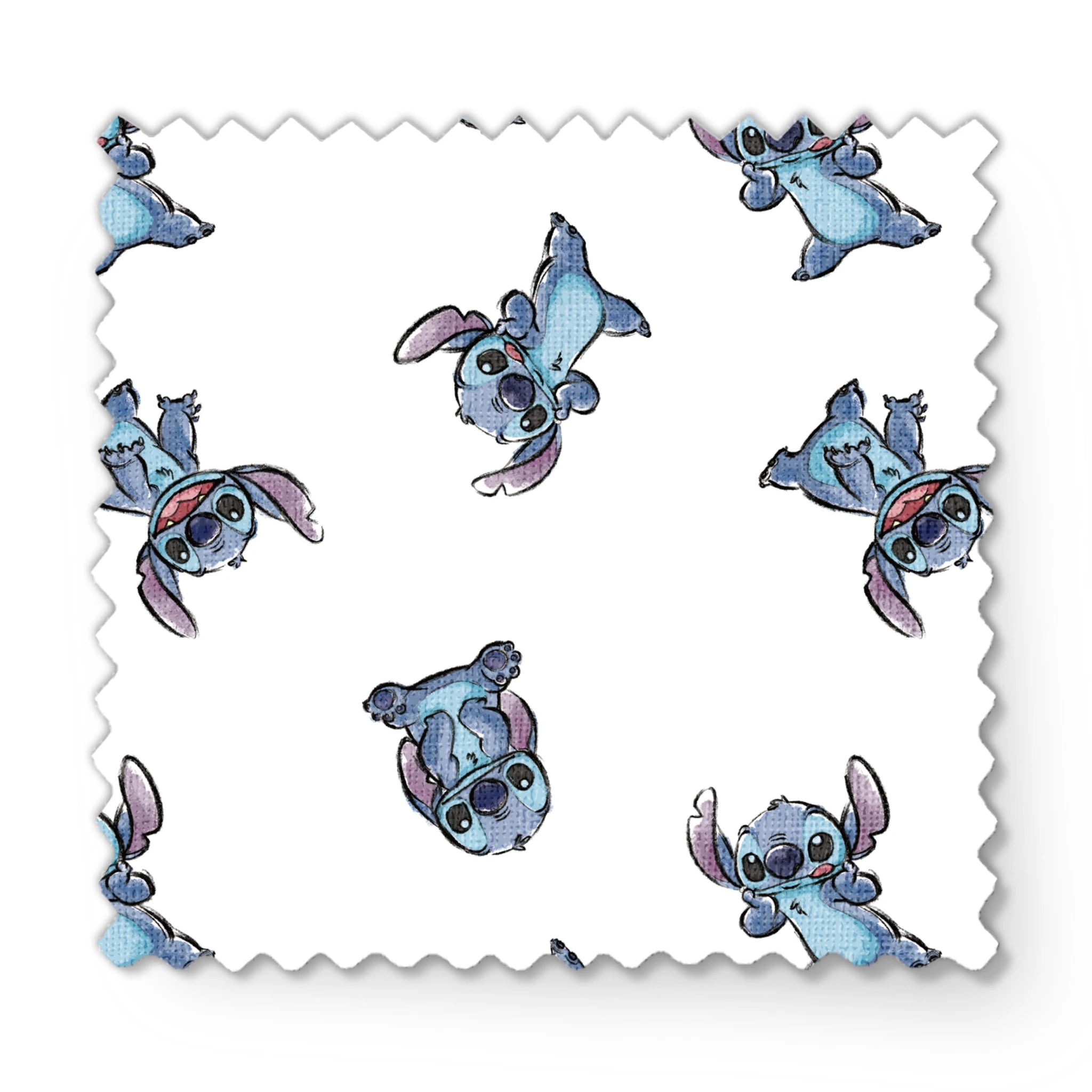 Blue cartoon Stitch characters from Disney's Lilo & Stitch in various playful poses on white background fabric swatch mockup