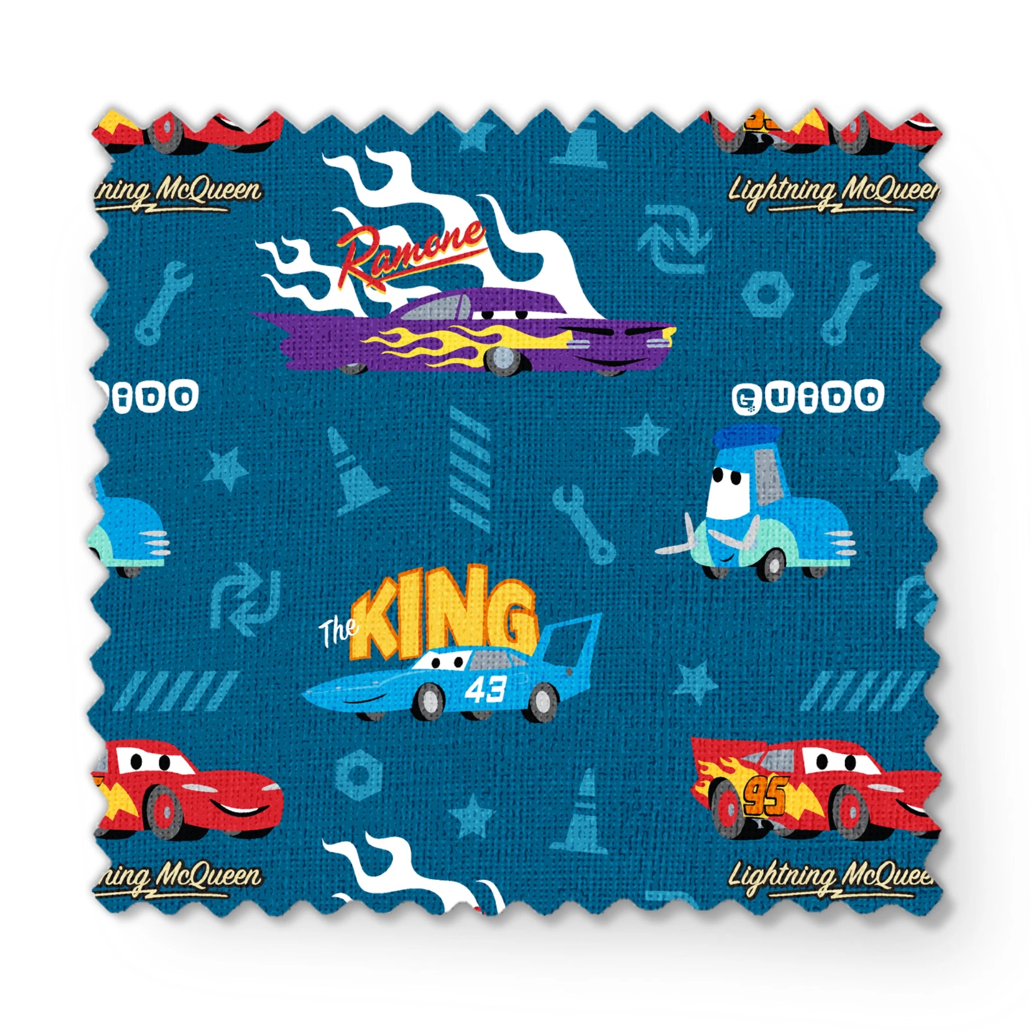 Disney Cars pattern featuring Lightning McQueen, Ramone's purple car with flames, and The King 43 on blue background with racing icons fabric swatch mockup