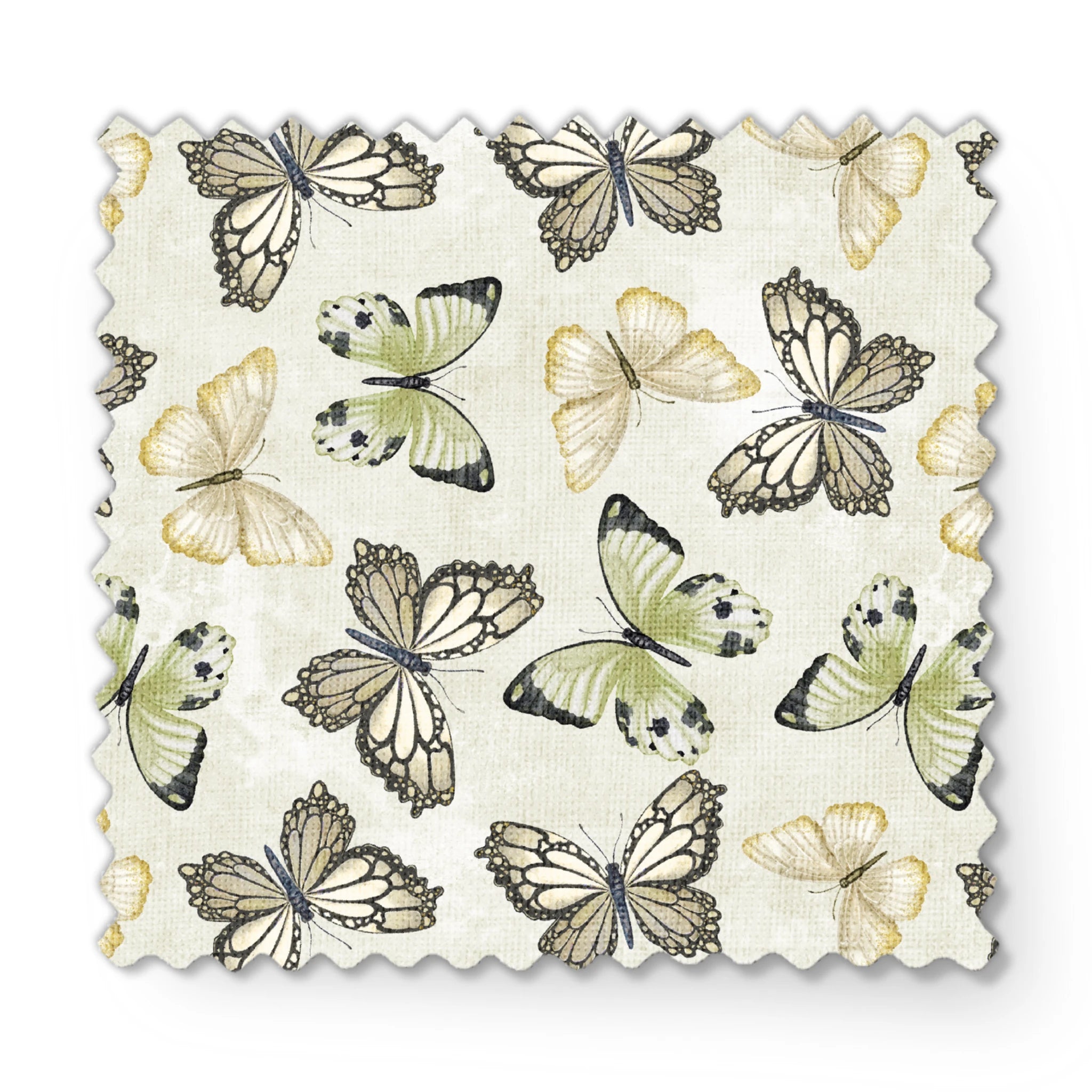 Illustrated butterfly pattern by Nicole Tamarin with soft sage green and neutral tones on a textured cream background. fabric swatch mockup
