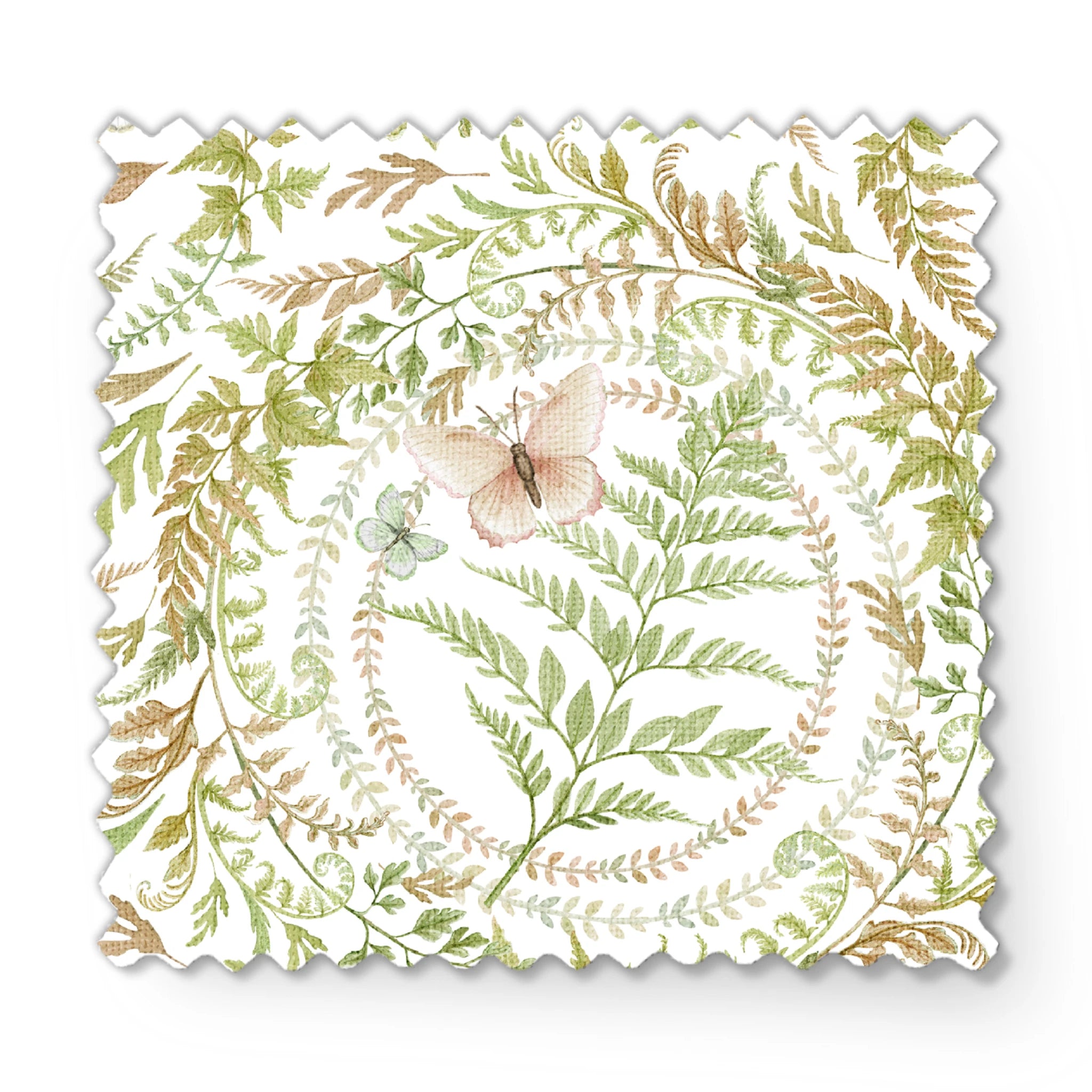 Circular botanical design featuring green ferns and blush butterflies on a white background in a Nicole Tamarin pattern. fabric swatch mockup