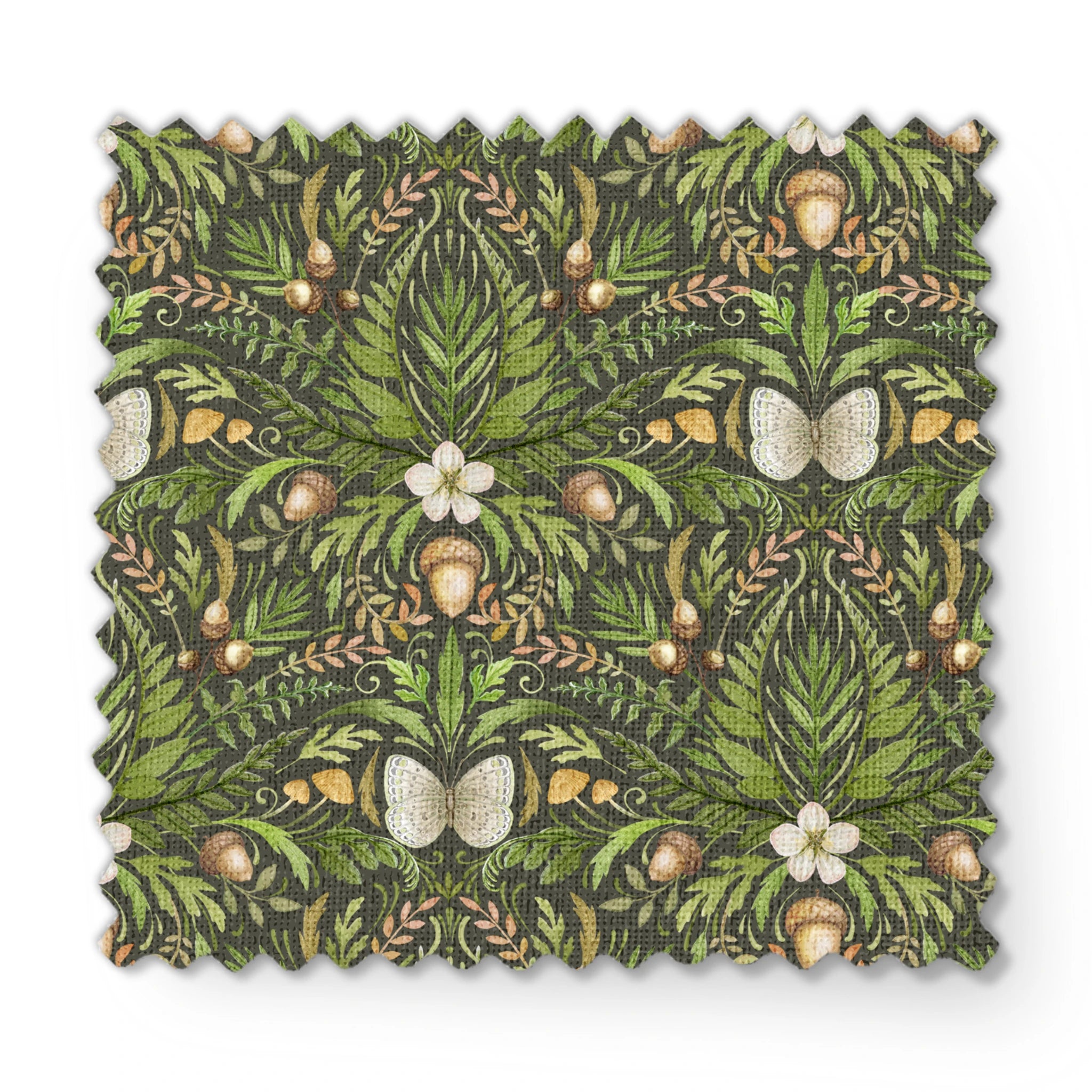 Symmetrical botanical pattern with green foliage, white flowers, and brown accents on dark background fabric swatch mockup