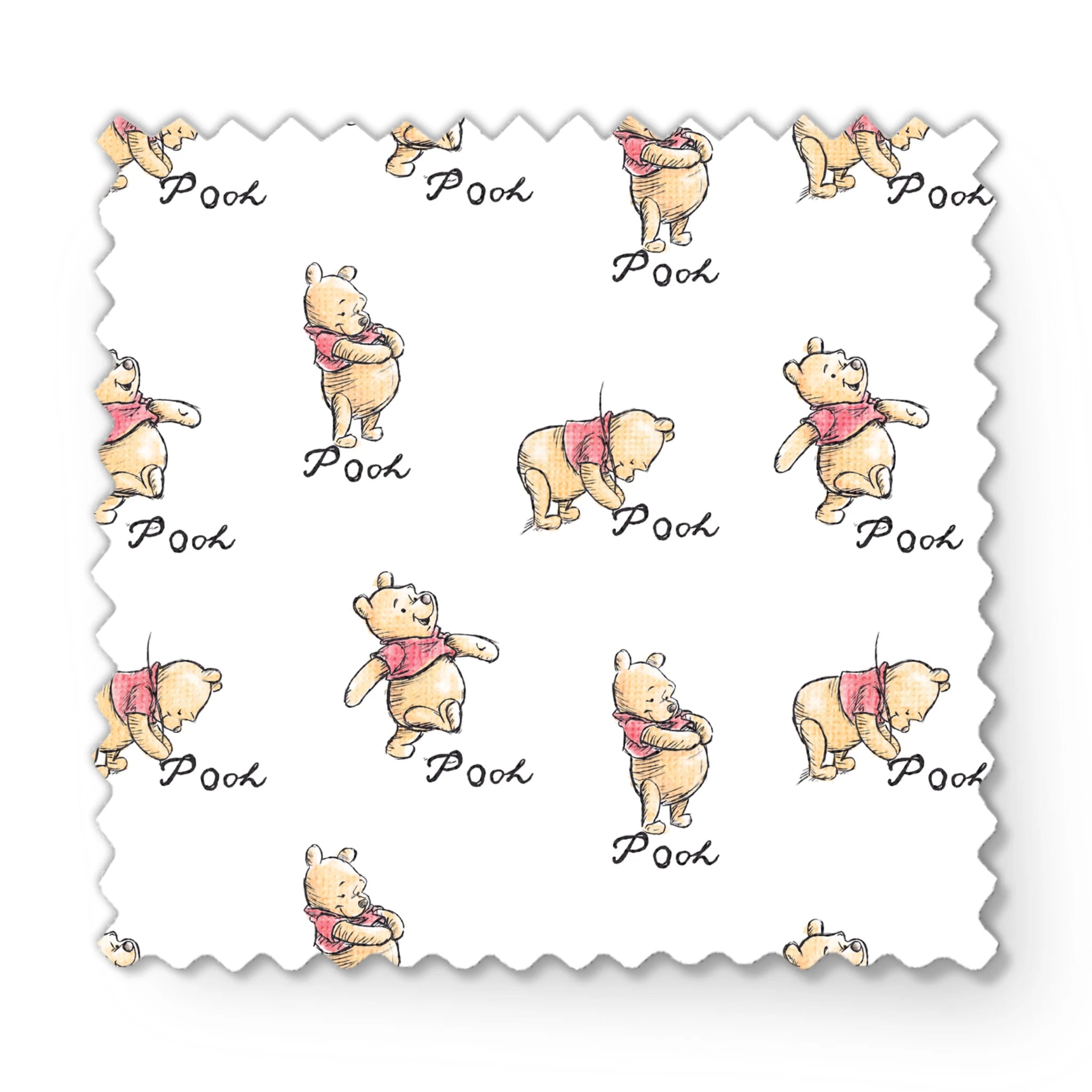 Winnie the Pooh pattern featuring cute yellow bears with red shirts in various poses, labeled "Pooh fabric swatch mockup