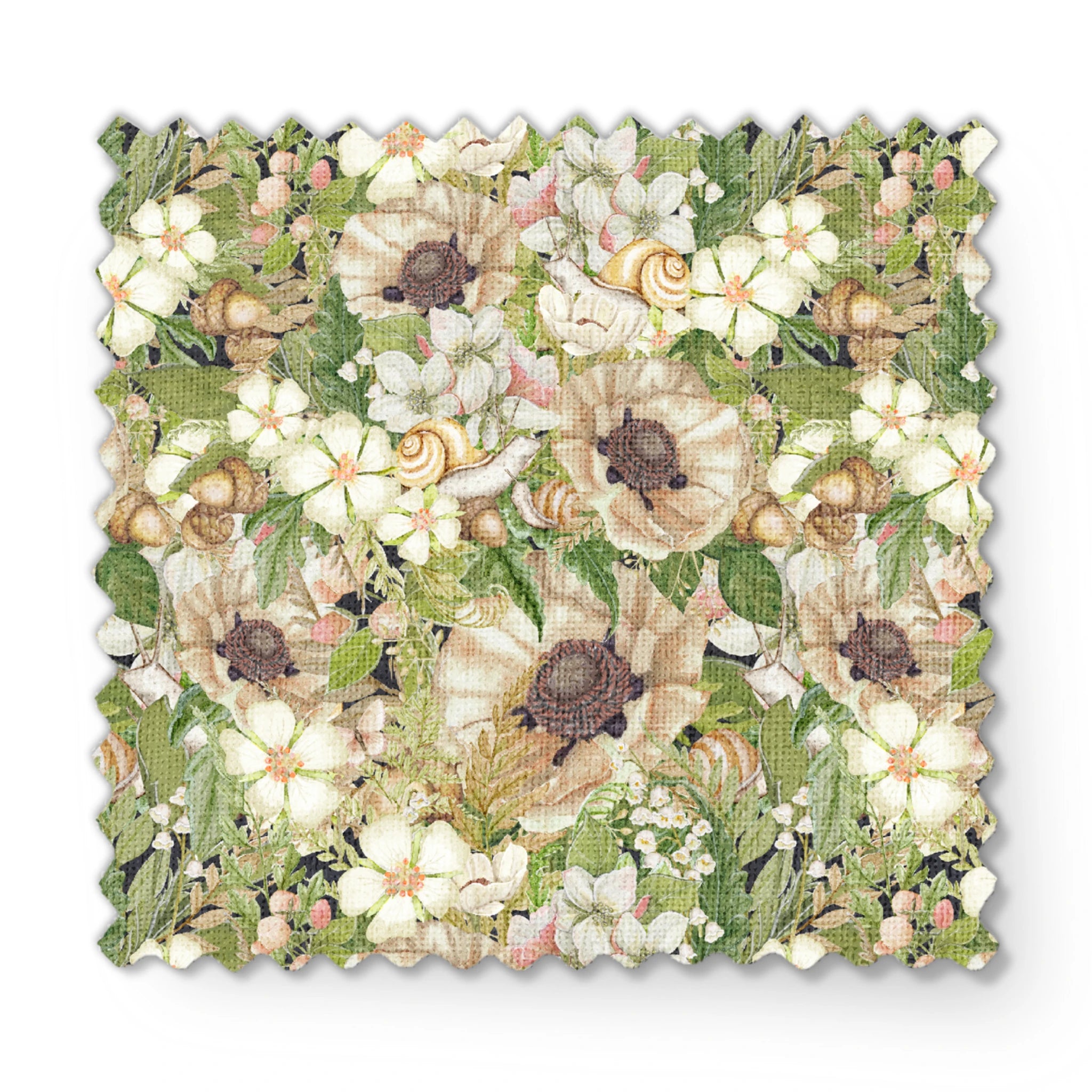 Botanical pattern by Nicole Tamarin featuring cream poppies, snails, acorns, and soft green leaves in an earthy woodland layout. fabric swatch mockup