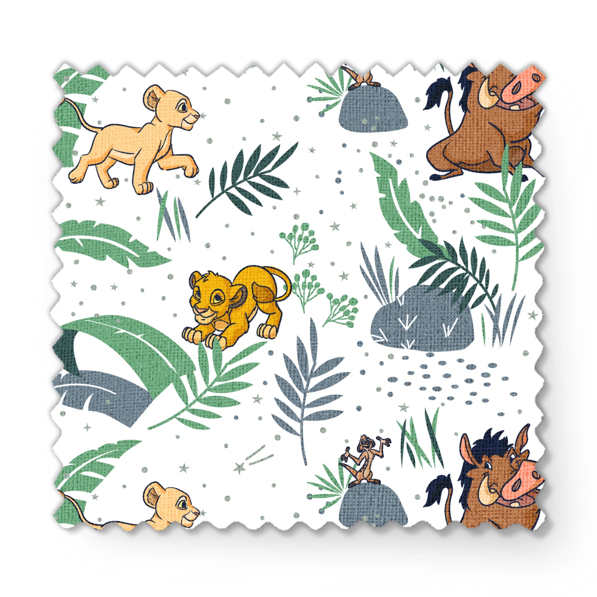 Cartoon lion cubs playing among tropical leaves and plants in green and blue tones on white background fabric swatch mockup