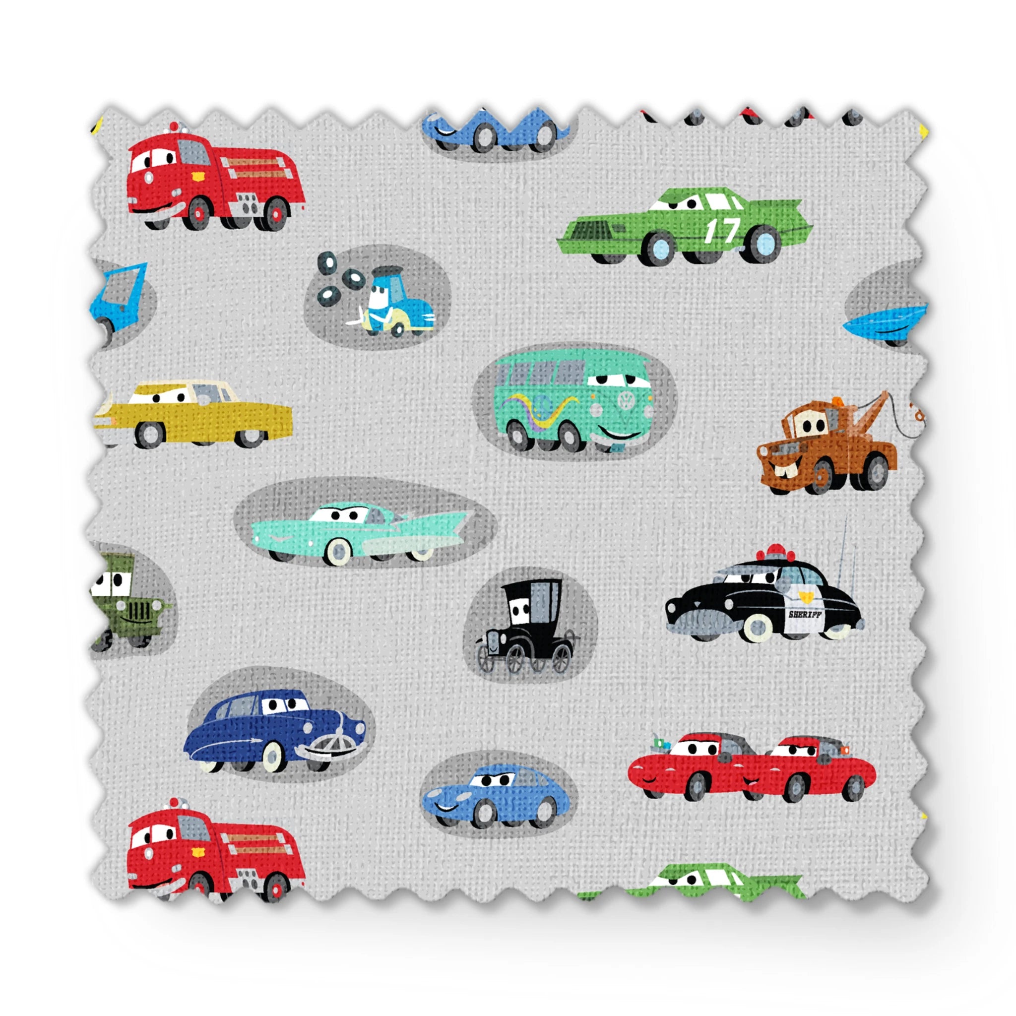 Various cartoon toy cars and vehicles in different colors (red, blue, green, yellow) displayed against a gray background with cute animated faces. fabric swatch mockup