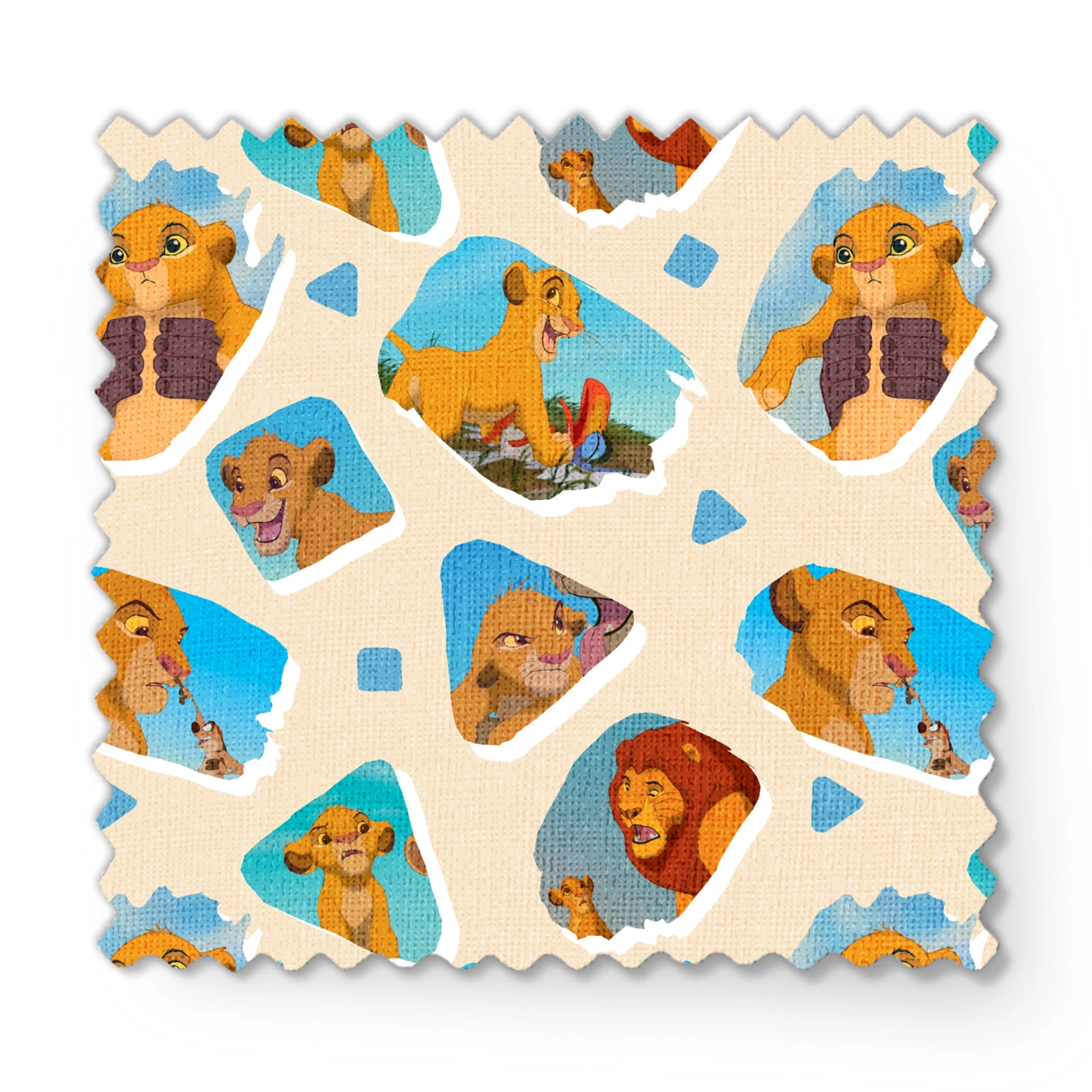 Young lion cub characters from The Lion King in a repeating pattern on cream background fabric swatch mockup