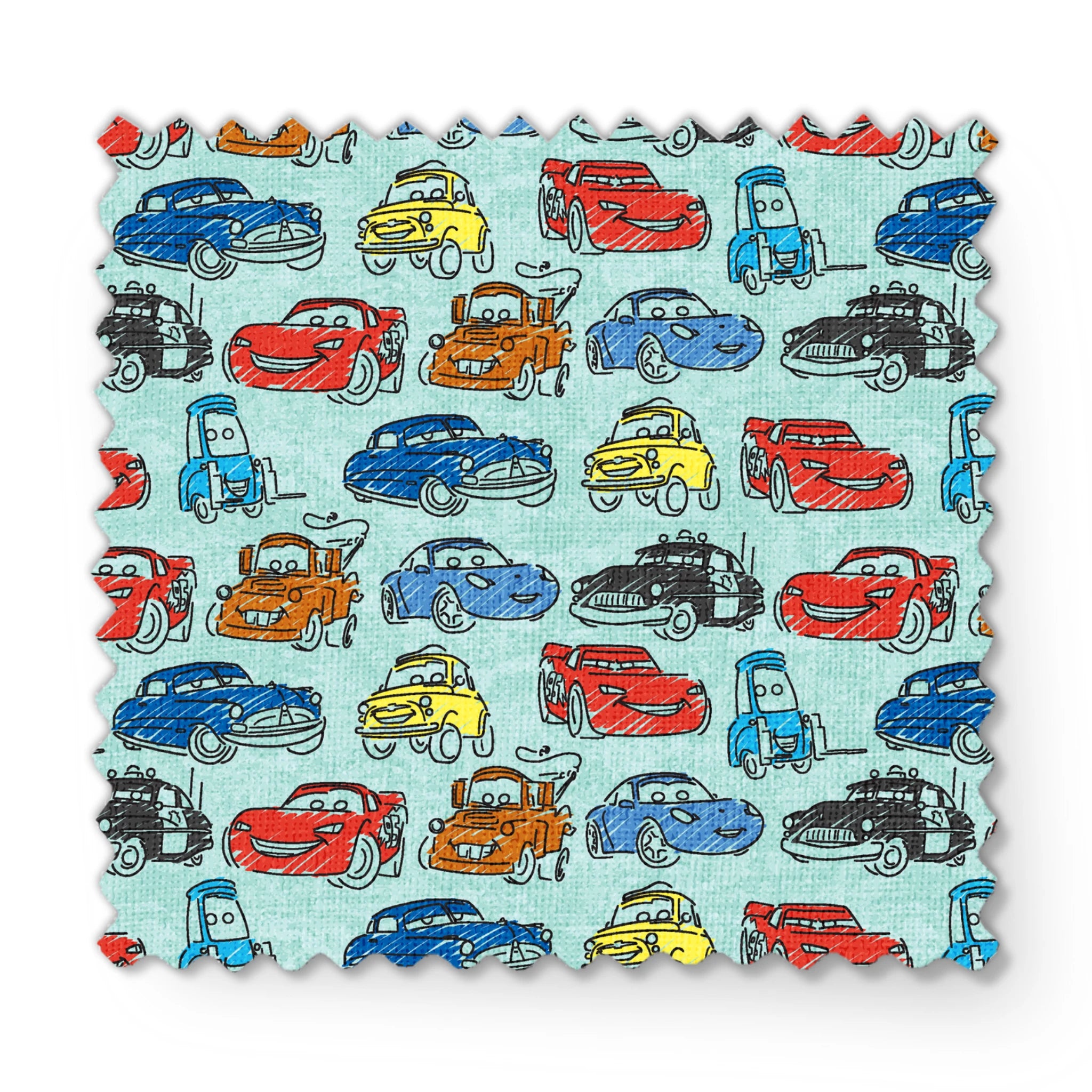 Colorful cartoon cars pattern including red racecars, blue sedans, yellow coupes, and tow trucks on light blue background fabric swatch mockup