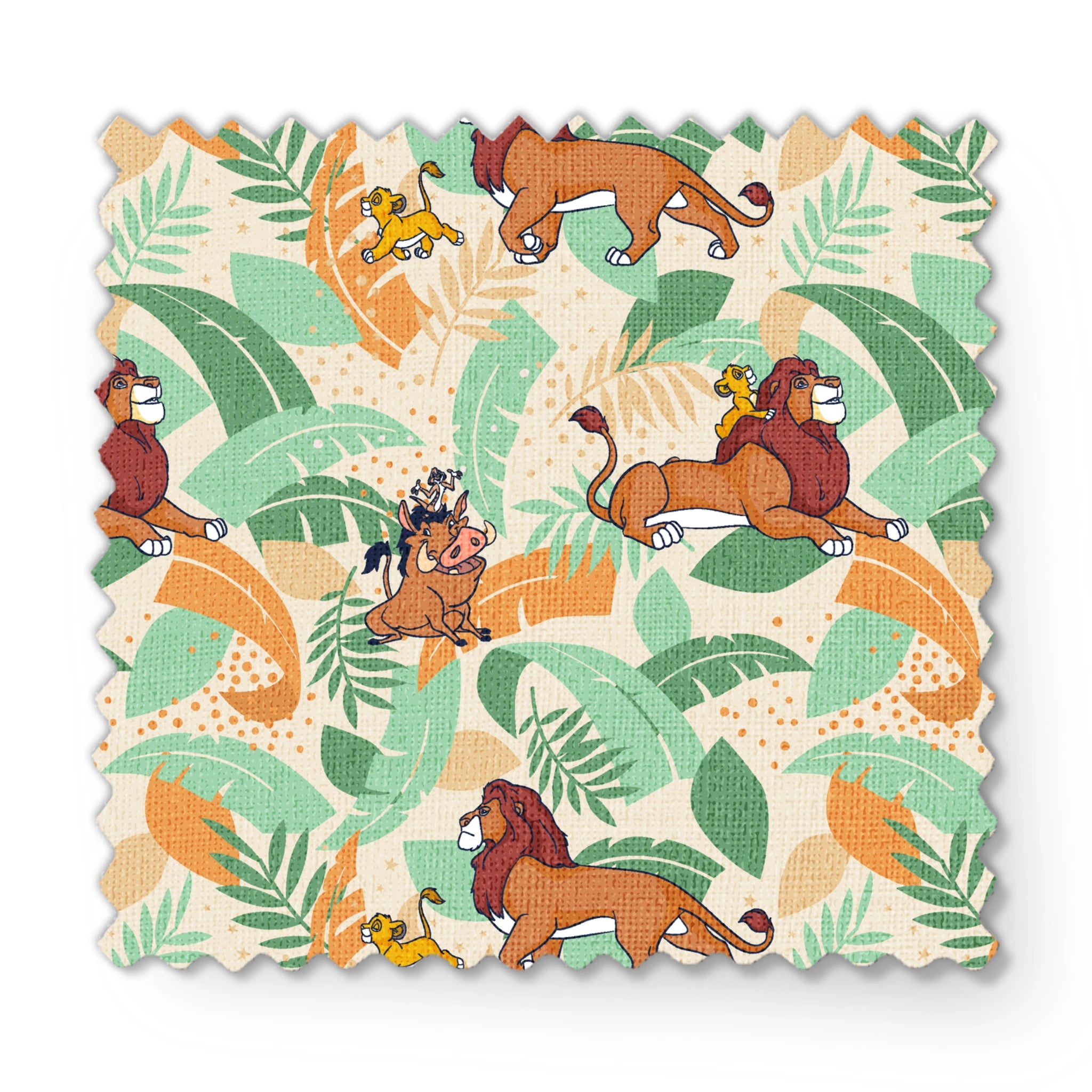Lion King-inspired pattern with lions and jungle animals amid colorful tropical leaves on cream background fabric swatch mockup