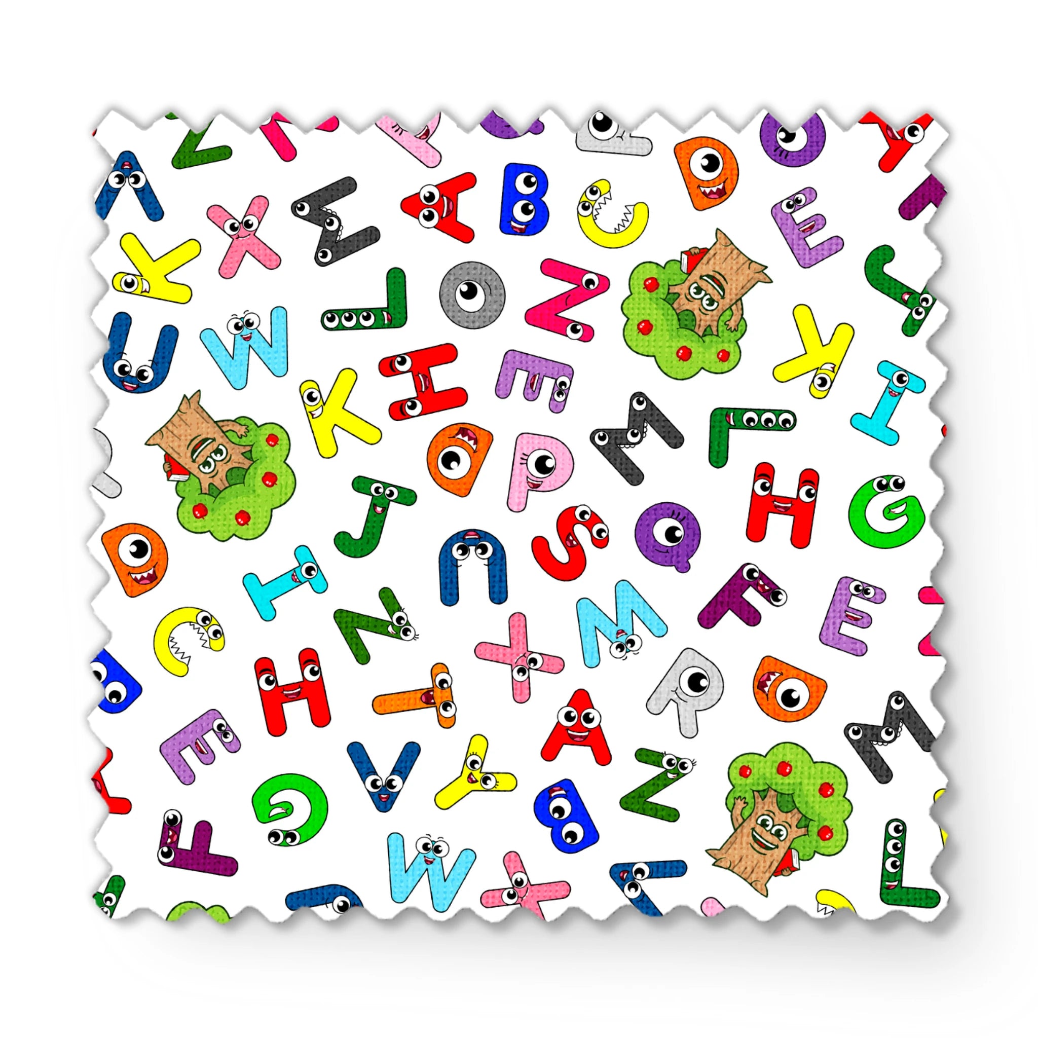Colorful cartoon alphabet letters scattered randomly on white background with small monster characters fabric swatch mockup