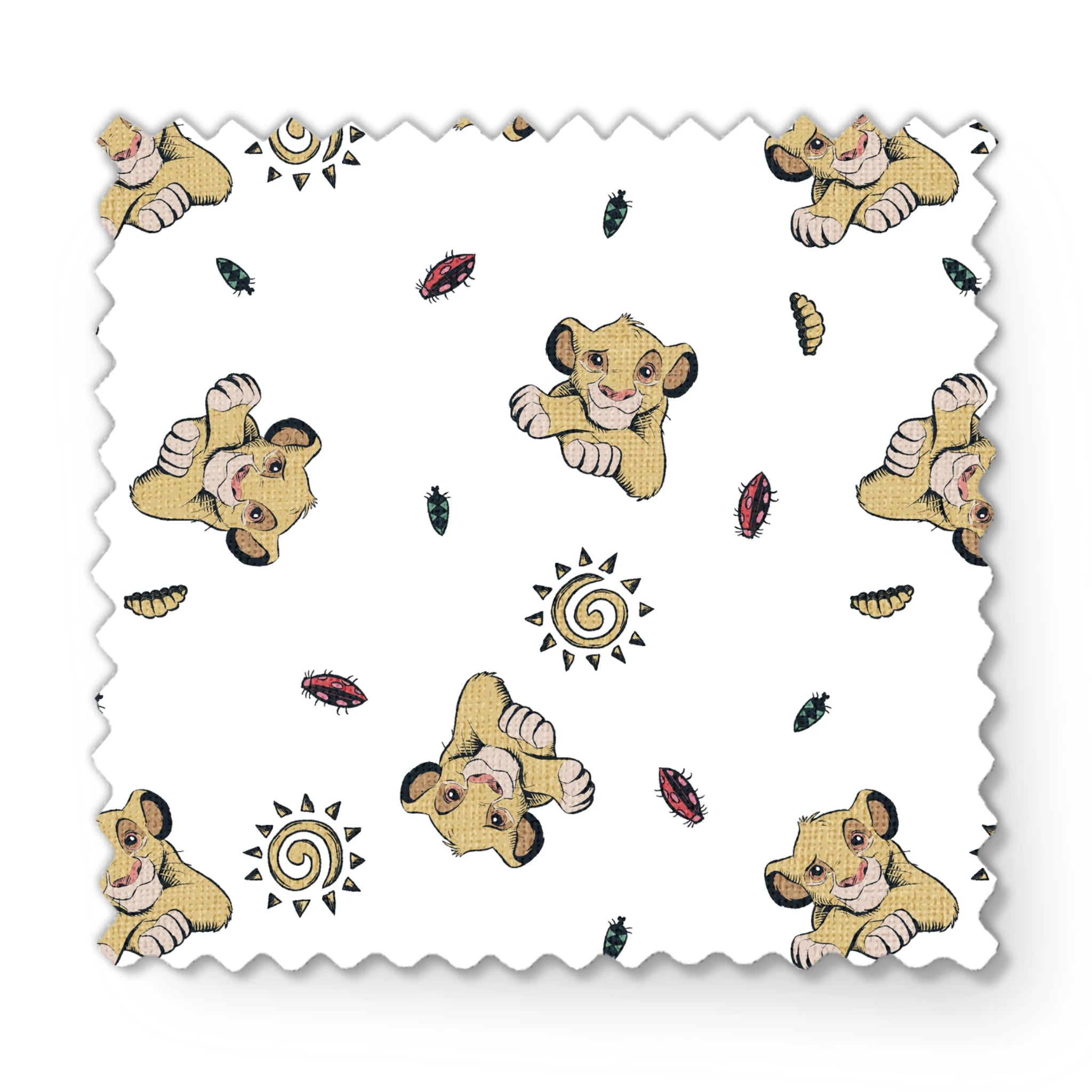 Cute cartoon lion cubs pattern with suns and leaves on white background fabric swatch mockup