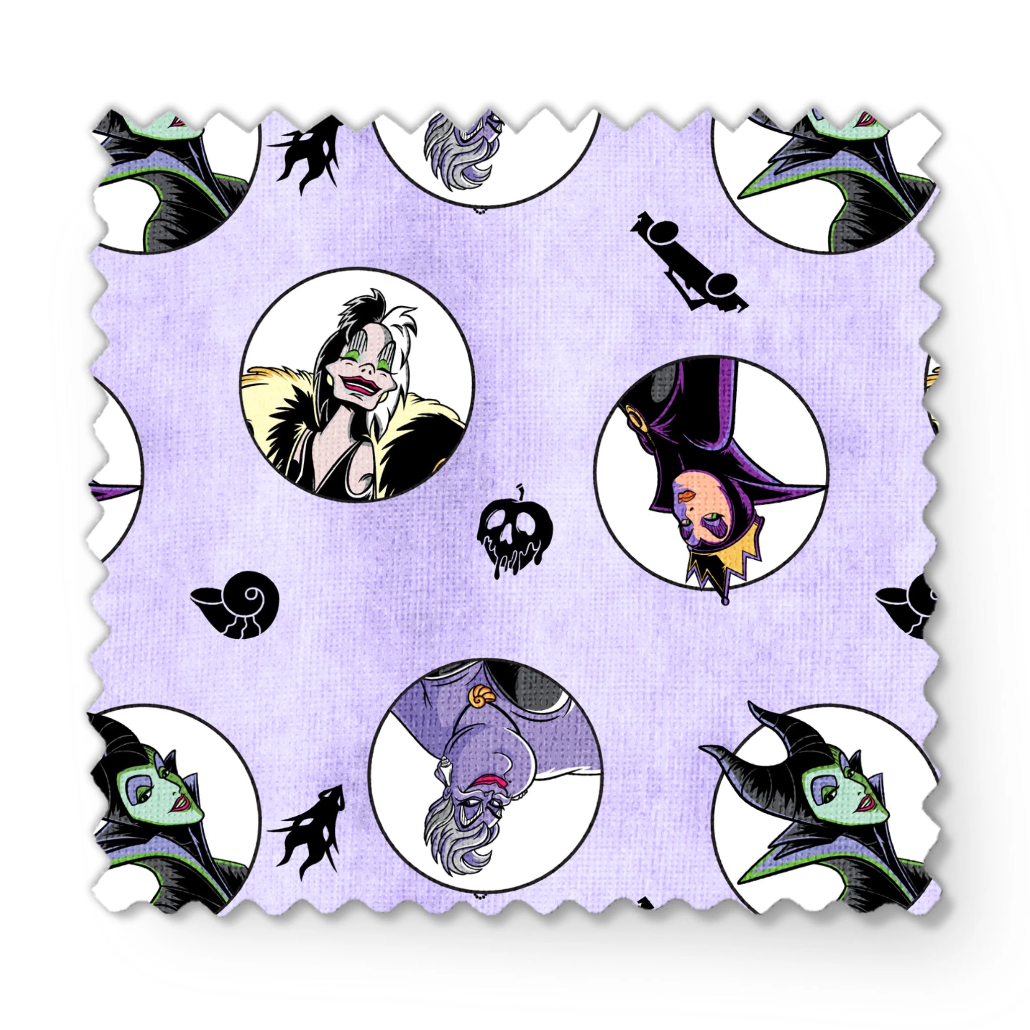 Disney villains pattern with circular character portraits on lavender background with black silhouettes of iconic symbols fabric swatch mockup