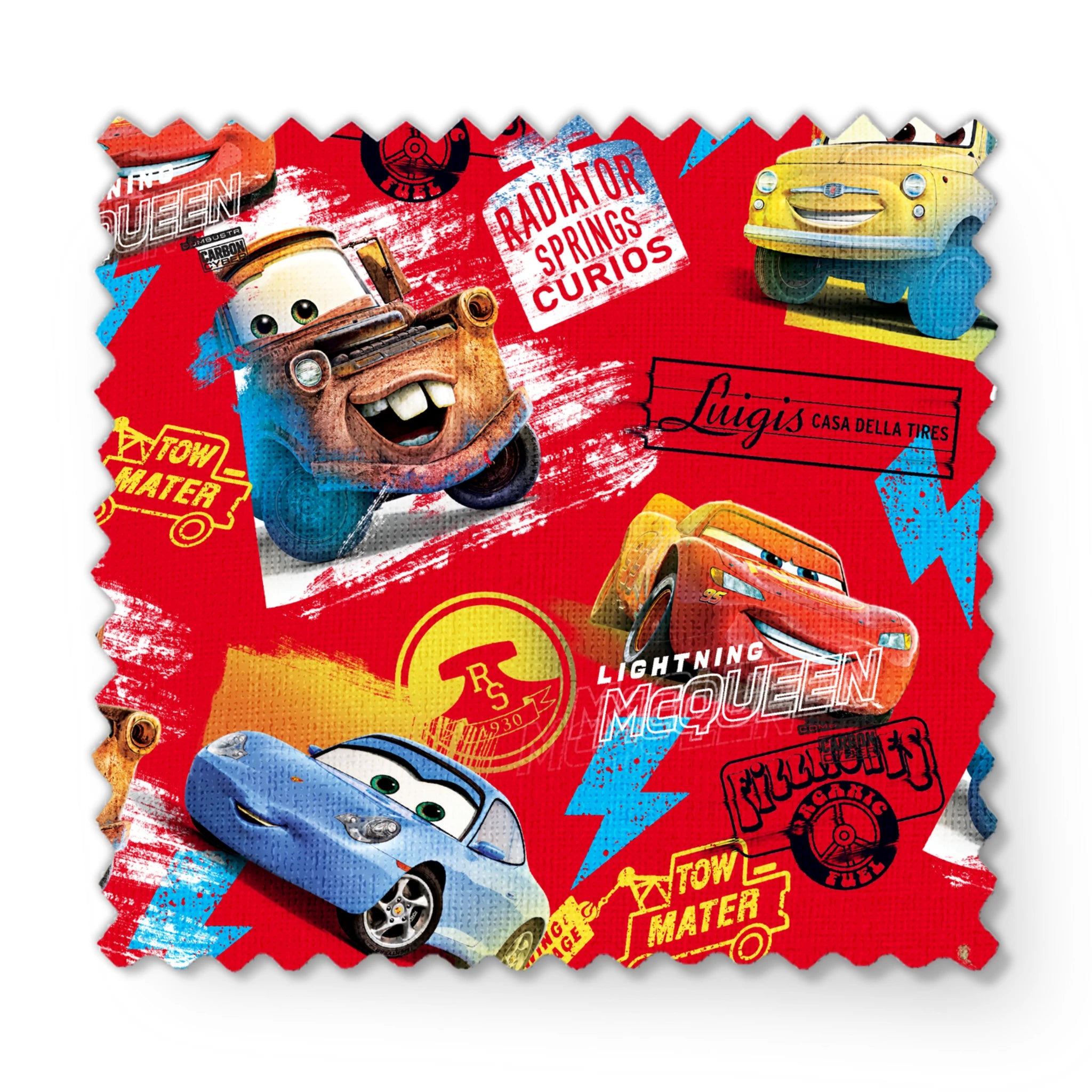 Colorful Cars movie characters pattern featuring Lightning McQueen and Mater on red background with logos fabric swatch mockup