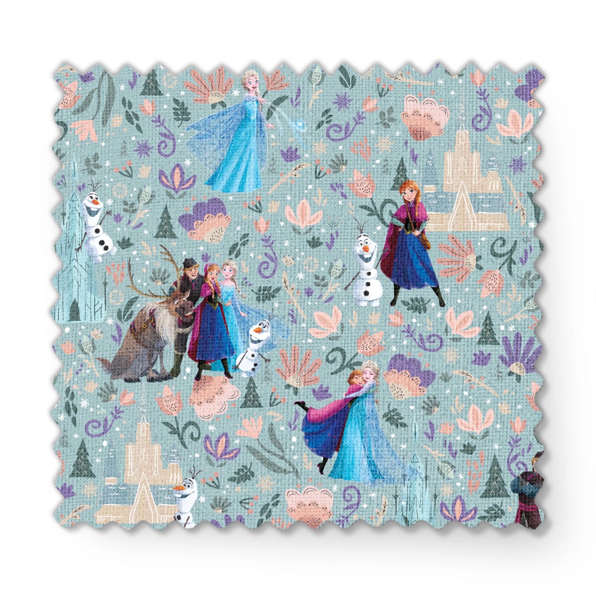 Frozen-themed pattern with the iconic characters, snowmen, flowers, and swirls on a light blue background fabric swatch mockup