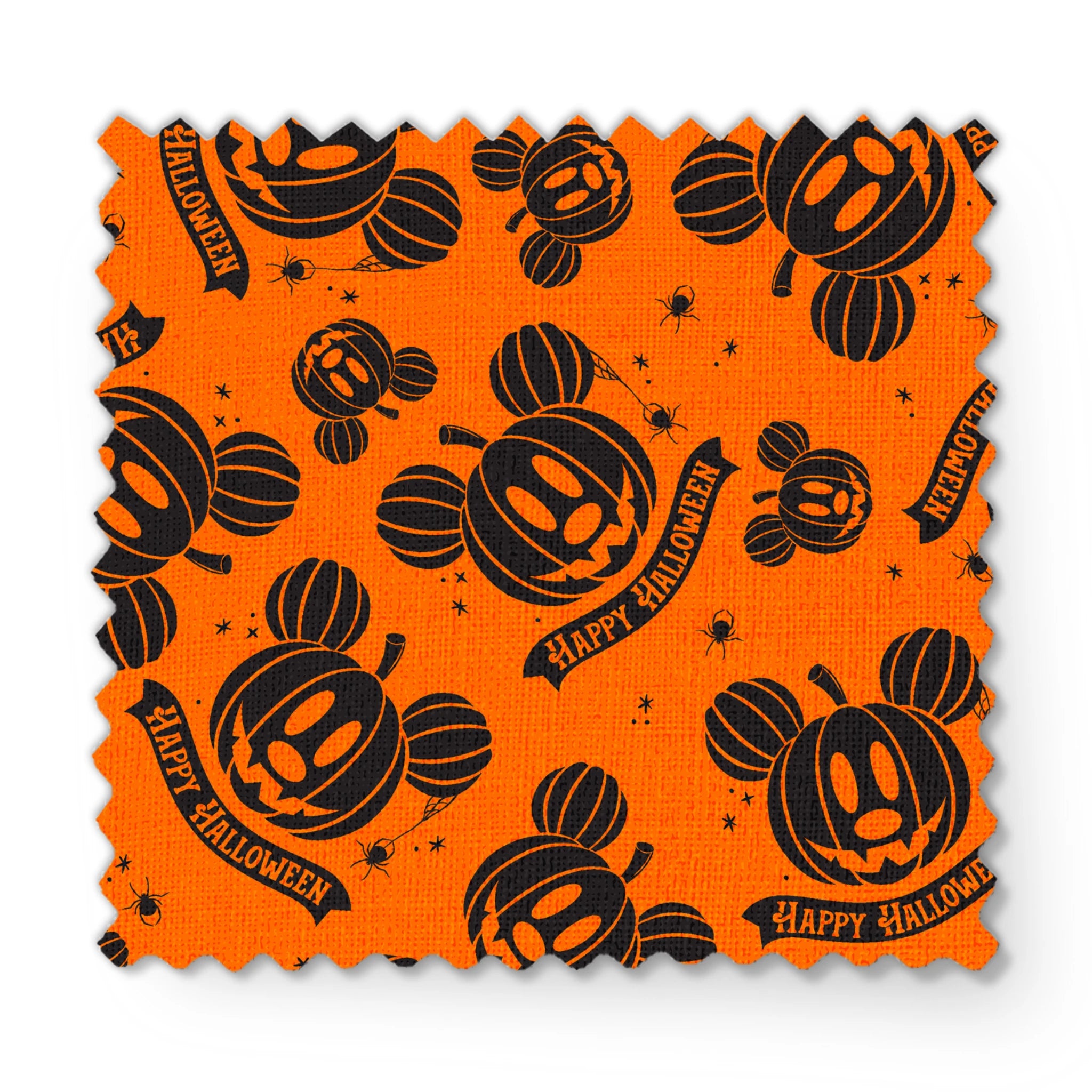 Halloween pattern with Disney-inspired jack-o'-lantern pumpkins and "Happy Halloween" text on bright orange background fabric swatch mockup