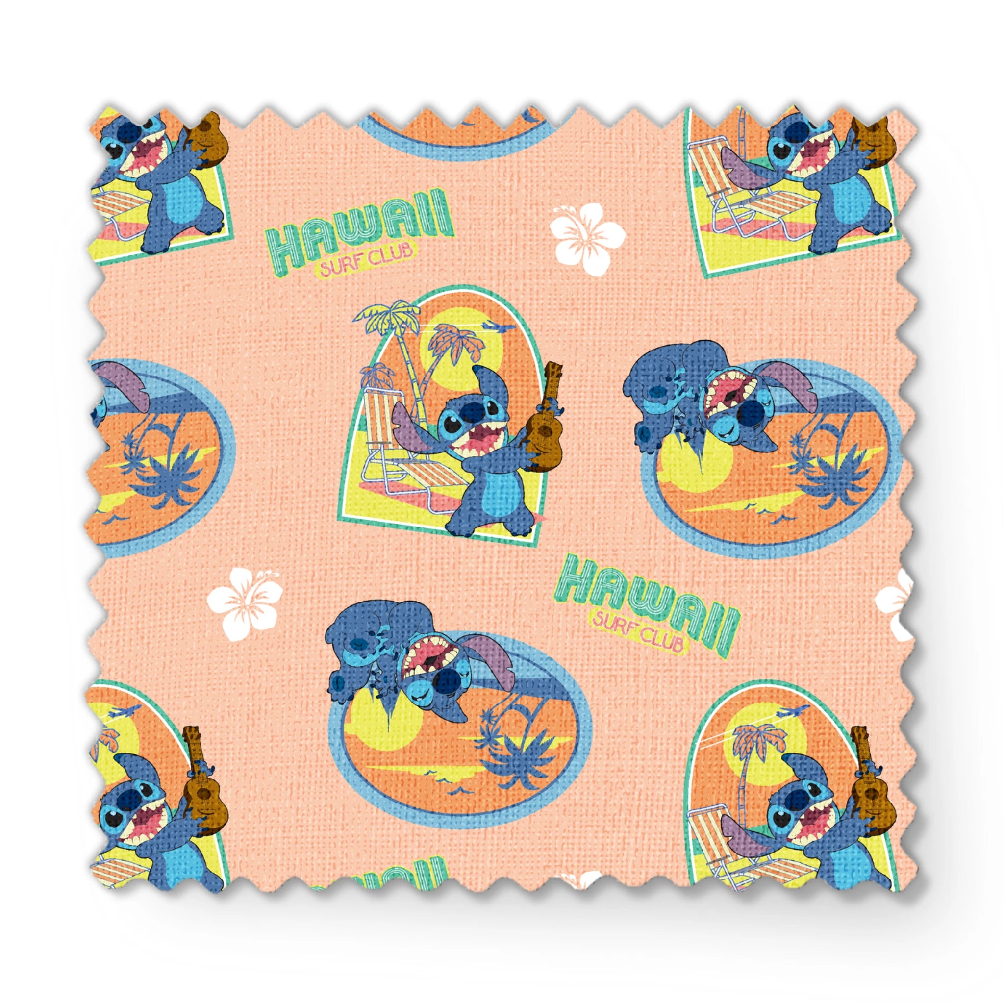 Disney's Stitch character on peach background with Hawaii-themed illustrations featuring surfboards, ukulele, and tropical imagery fabric swatch mockup