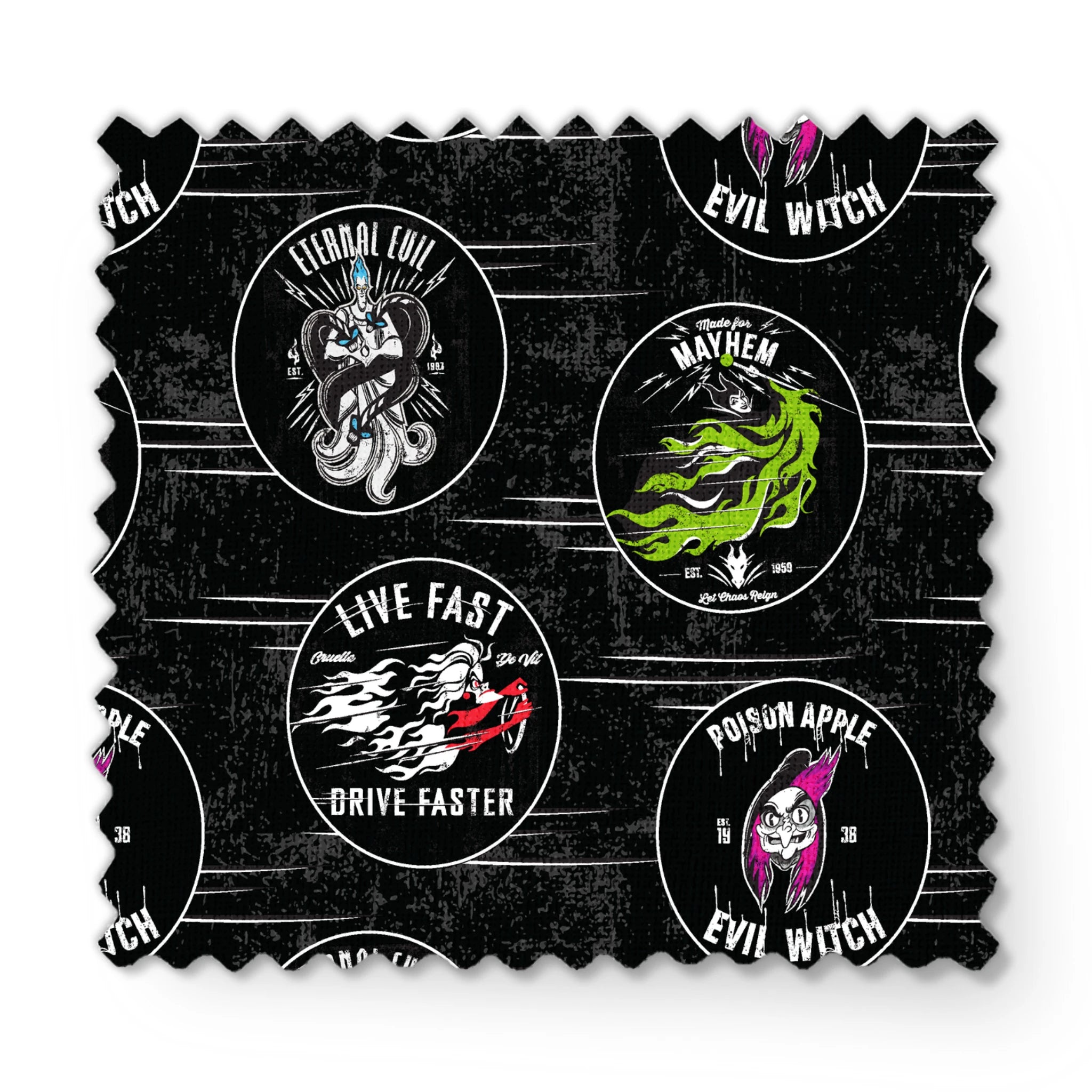 Punk-style Disney Villain circular badges including "Eternal Evil," "Live Fast Drive Faster," and green "Mayhem" designs on black background fabric swatch mockup