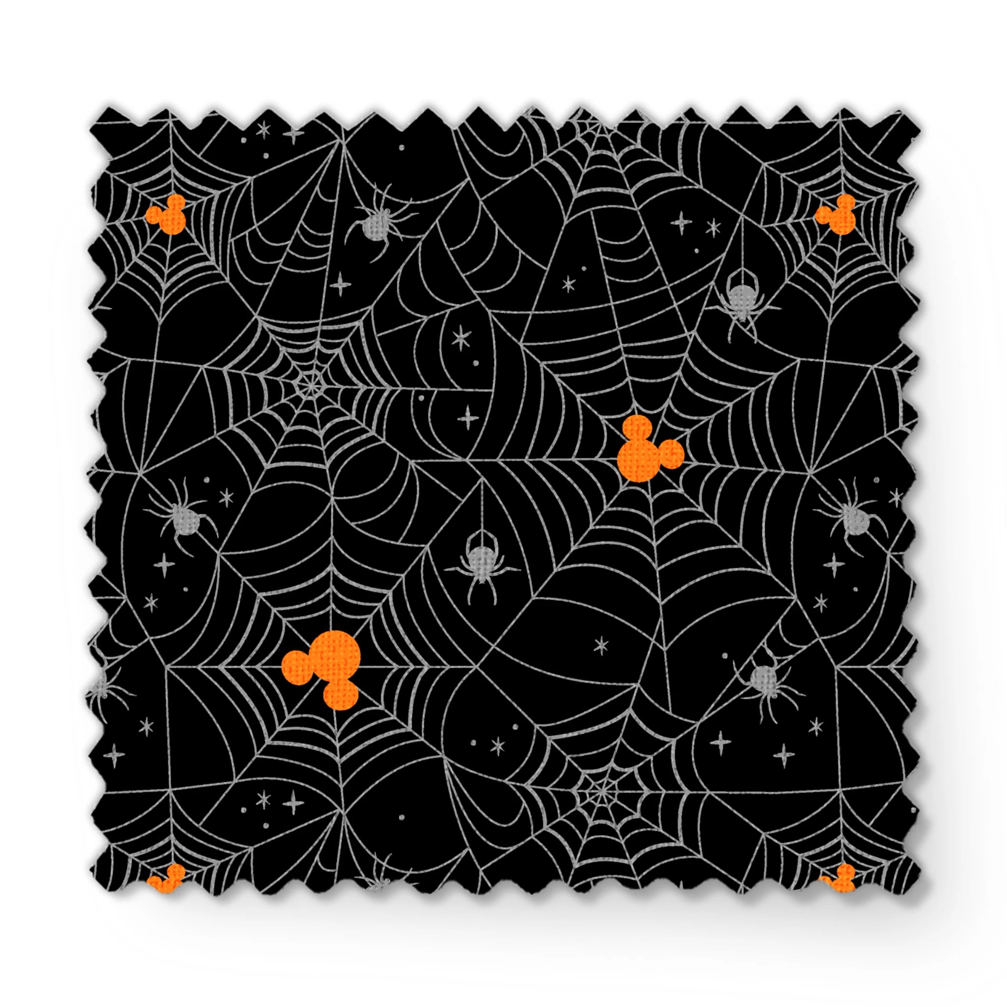 Spooky Halloween pattern with white spiderwebs, orange Mickey Mouse heads, and gray spiders on black background fabric swatch mockup