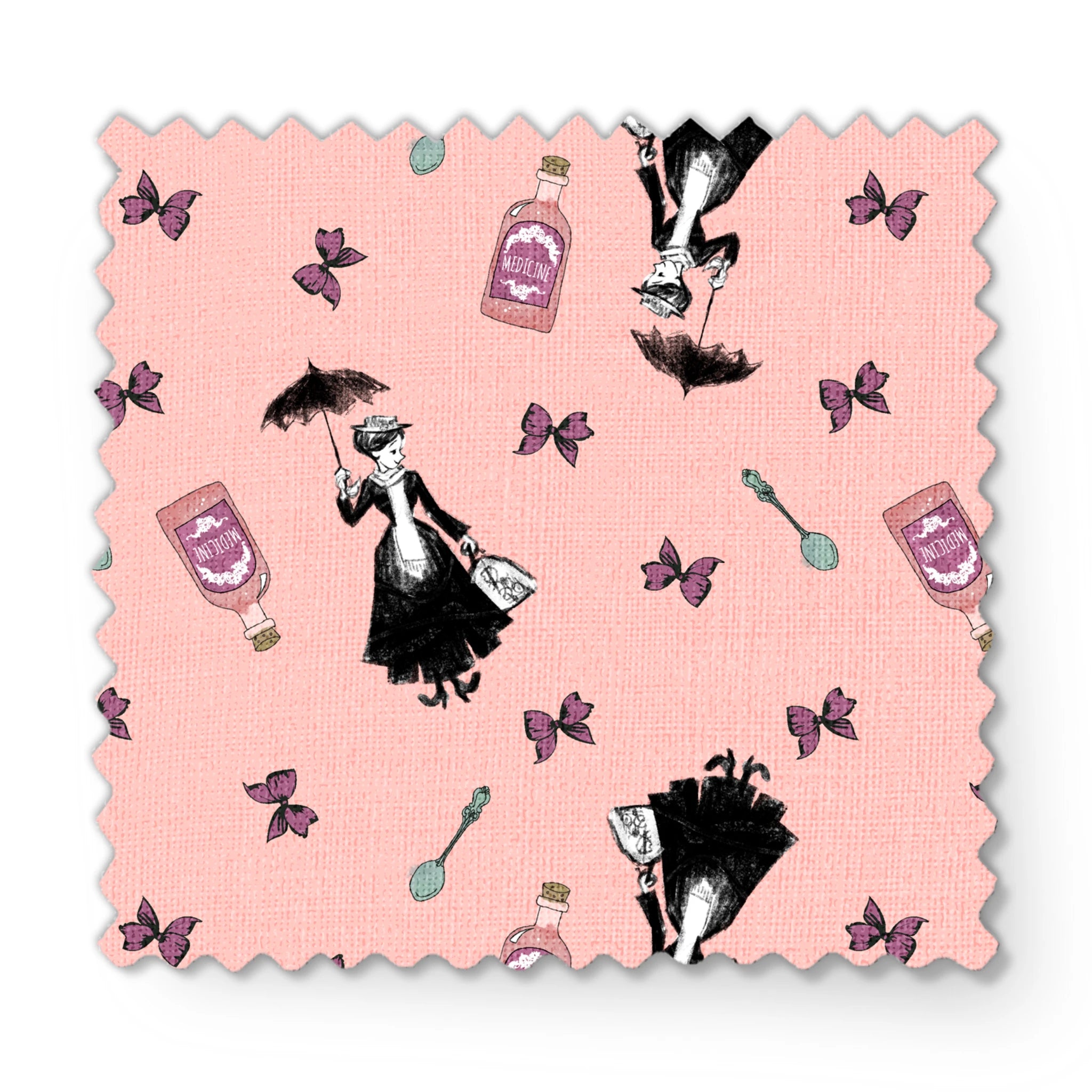 Whimsical illustration on pink background featuring Mary Poppins, purple bottles, and floating bows fabric swatch mockup