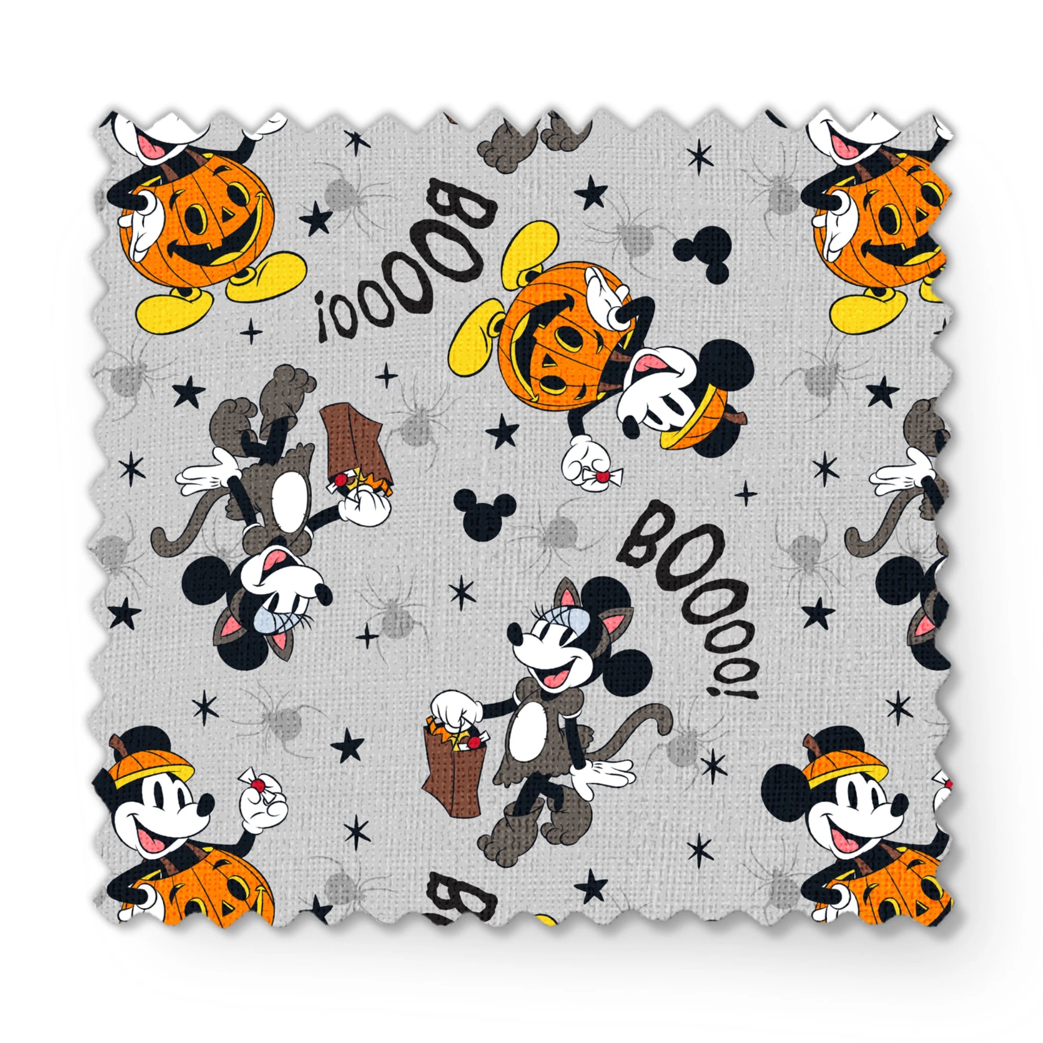 Mickey Mouse Halloween pattern with pumpkins, spiders, bats, "BOO!" text on gray background fabric swatch mockup