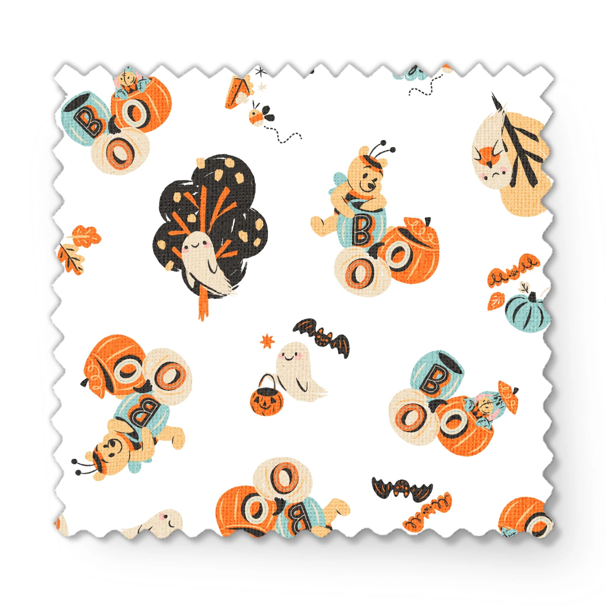 Halloween-themed pattern with Winnie the Pooh characters, pumpkins, and autumn motifs in orange, teal and black on white background. fabric swatch mockup